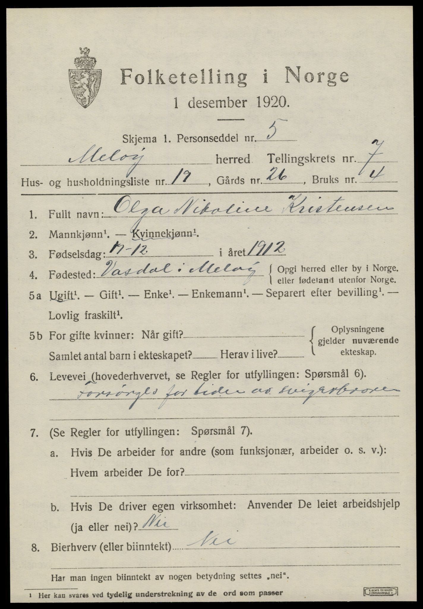 SAT, 1920 census for Meløy, 1920, p. 3907