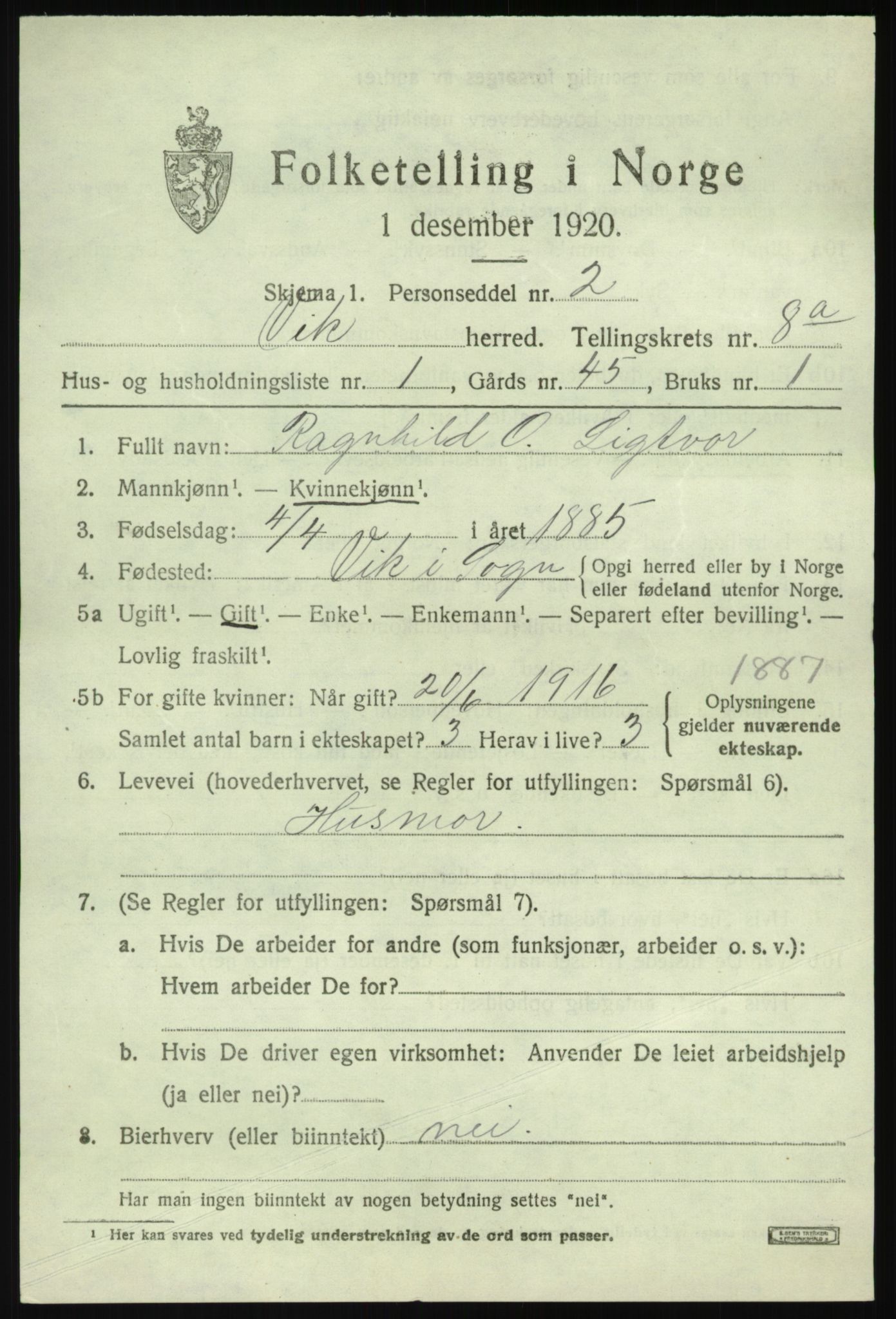 SAB, 1920 census for Vik, 1920, p. 5371