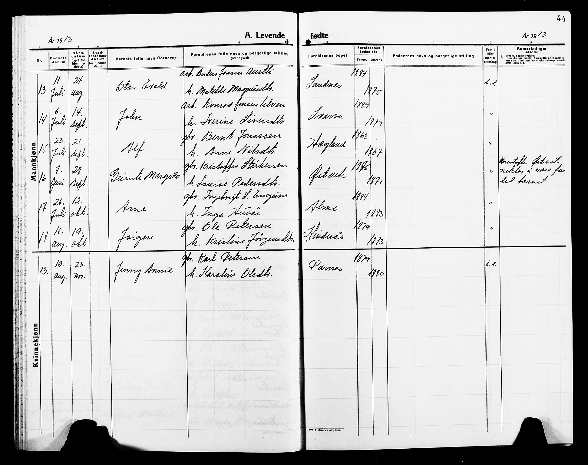 Ministerialprotokoller, klokkerbøker og fødselsregistre - Nord-Trøndelag, SAT/A-1458/749/L0488: Parish register (official) no. 749D04, 1903-1915, p. 44