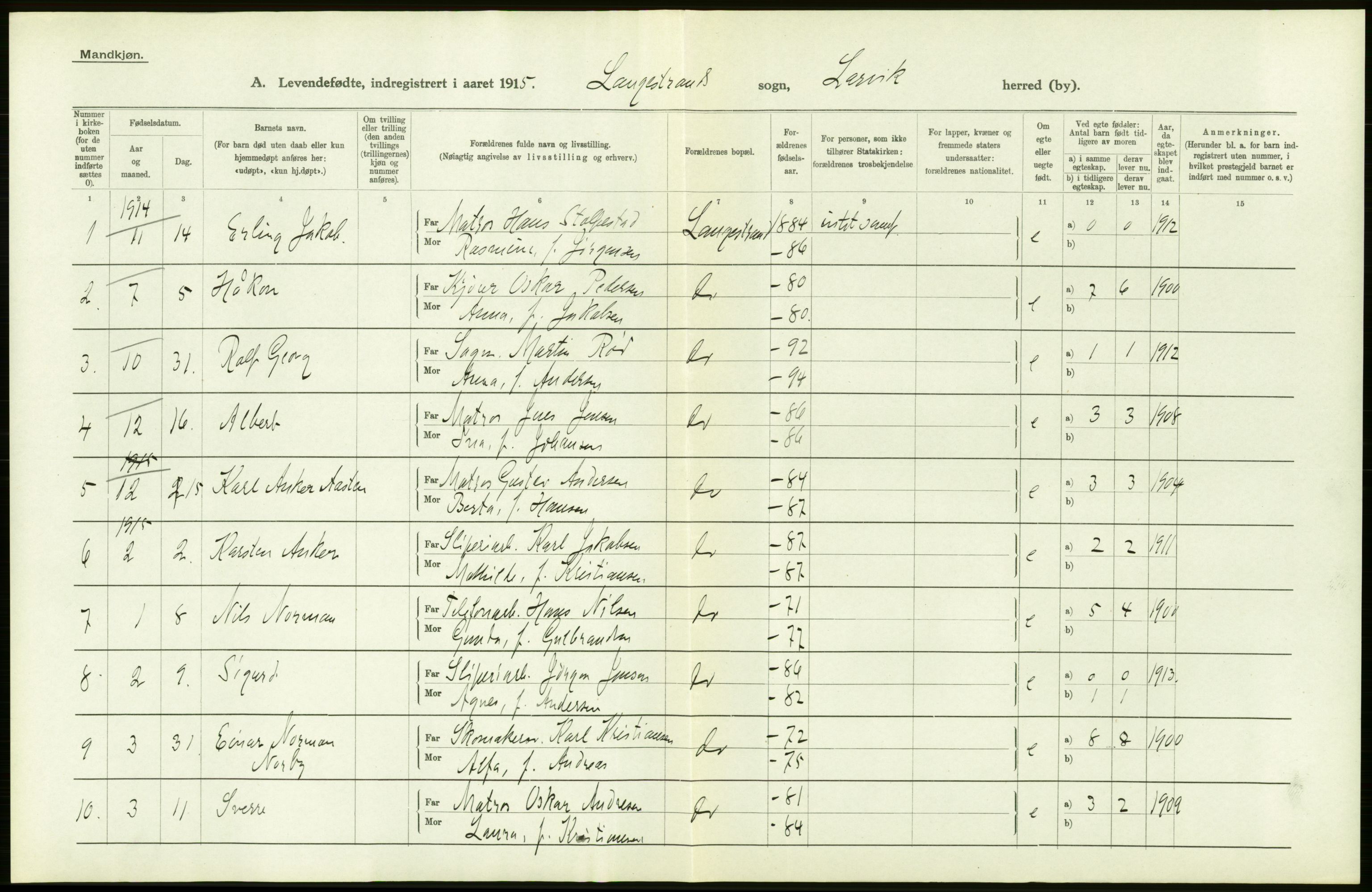 Statistisk sentralbyrå, Sosiodemografiske emner, Befolkning, AV/RA-S-2228/D/Df/Dfb/Dfbe/L0018: Jarlsberg og Larviks amt: Levendefødte menn og kvinner. Bygder og byer., 1915, p. 10