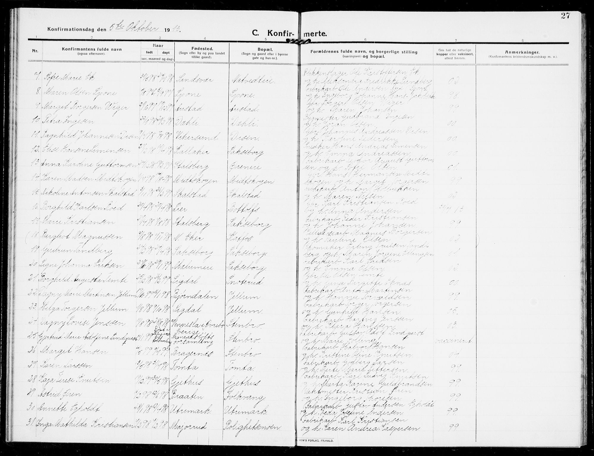 Modum kirkebøker, AV/SAKO-A-234/G/Ga/L0010: Parish register (copy) no. I 10, 1909-1923, p. 27