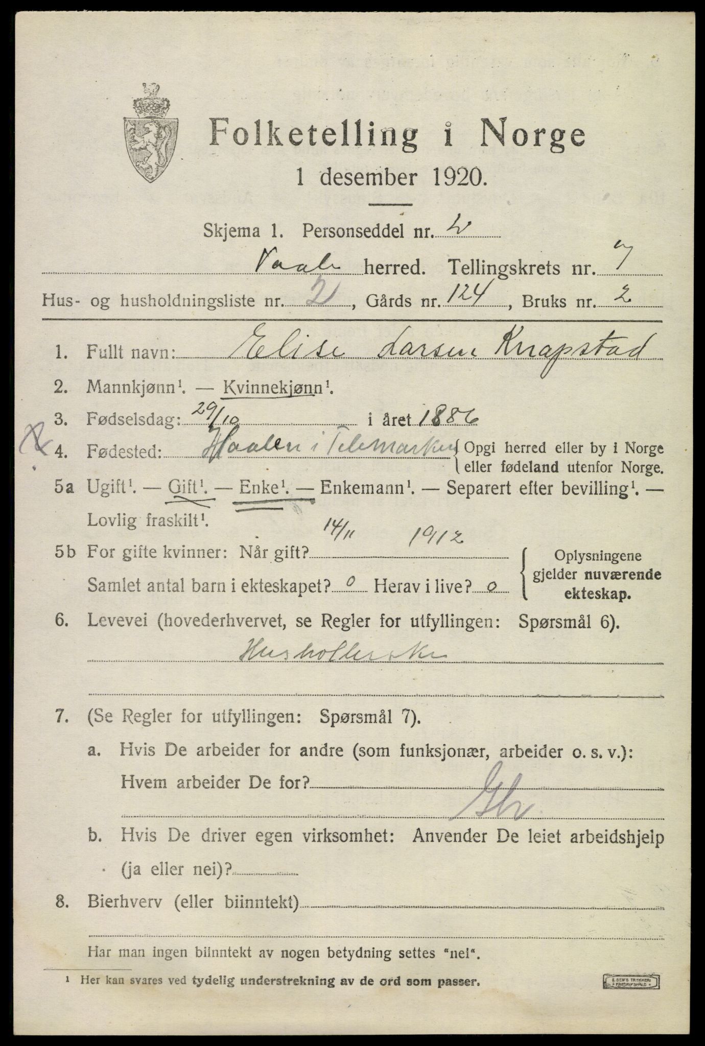 SAKO, 1920 census for Våle, 1920, p. 5512