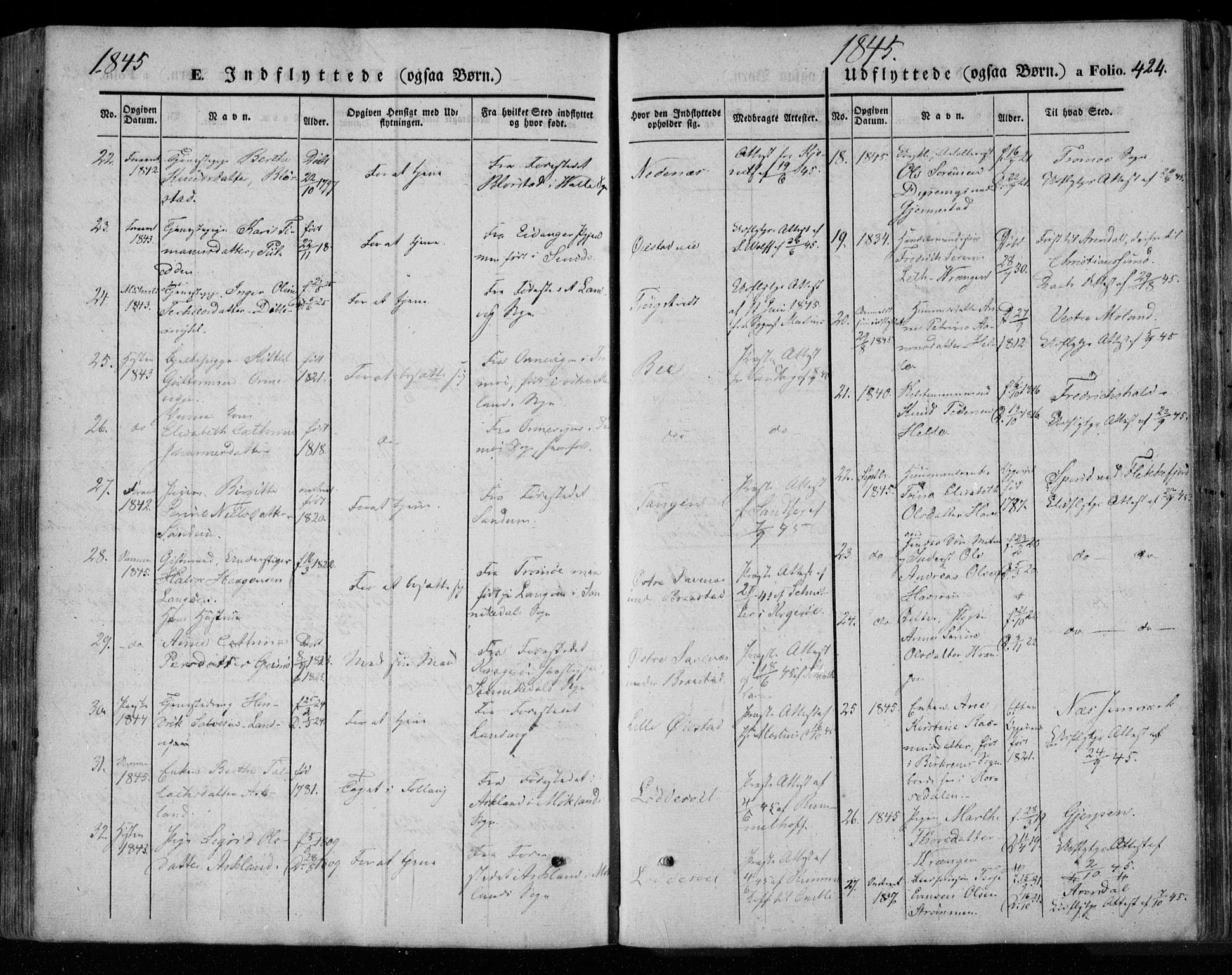 Øyestad sokneprestkontor, AV/SAK-1111-0049/F/Fa/L0014: Parish register (official) no. A 14, 1843-1856, p. 424