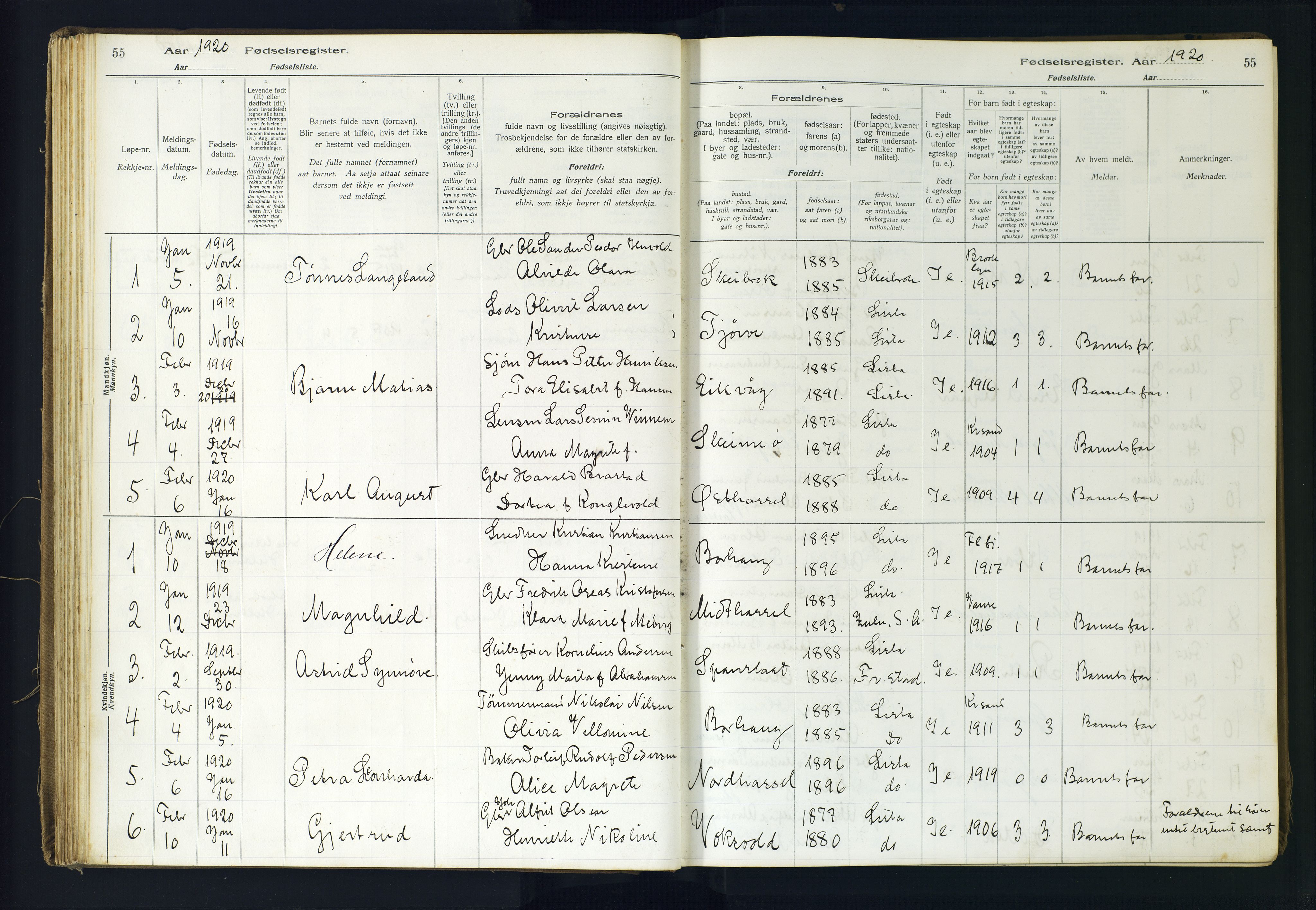 Lista sokneprestkontor, AV/SAK-1111-0027/J/Ja/L0001: Birth register no. A-VI-30, 1916-1934, p. 55