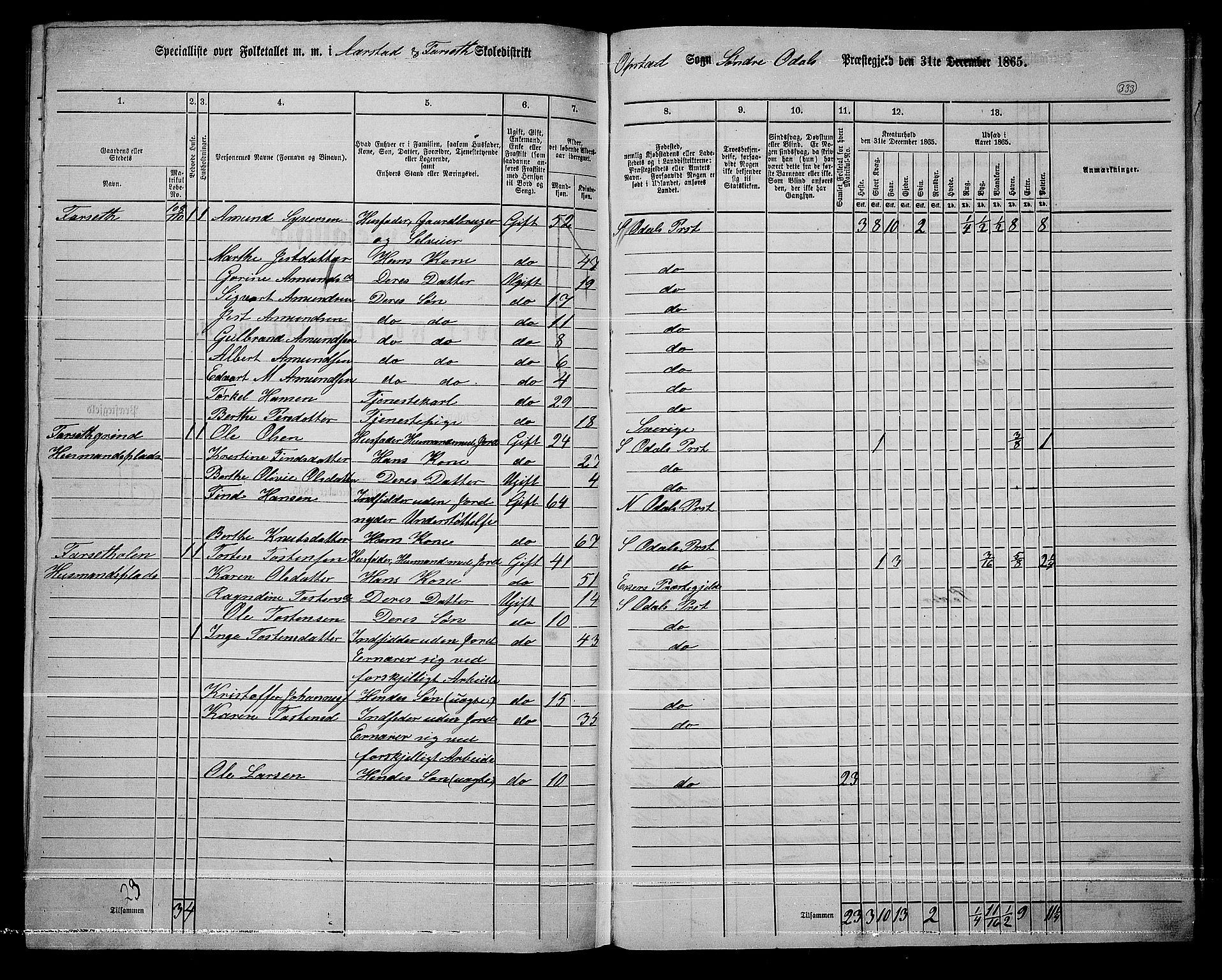 RA, 1865 census for Sør-Odal, 1865, p. 292