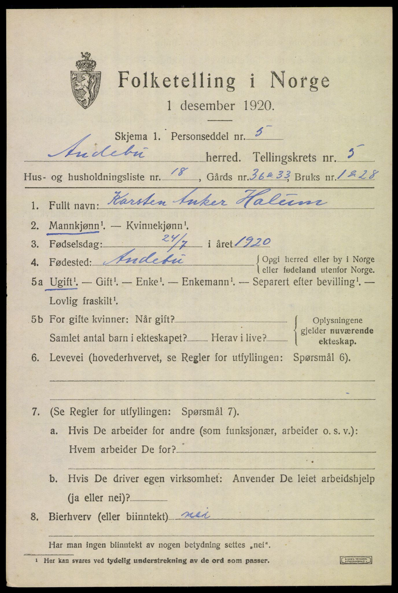 SAKO, 1920 census for Andebu, 1920, p. 2800