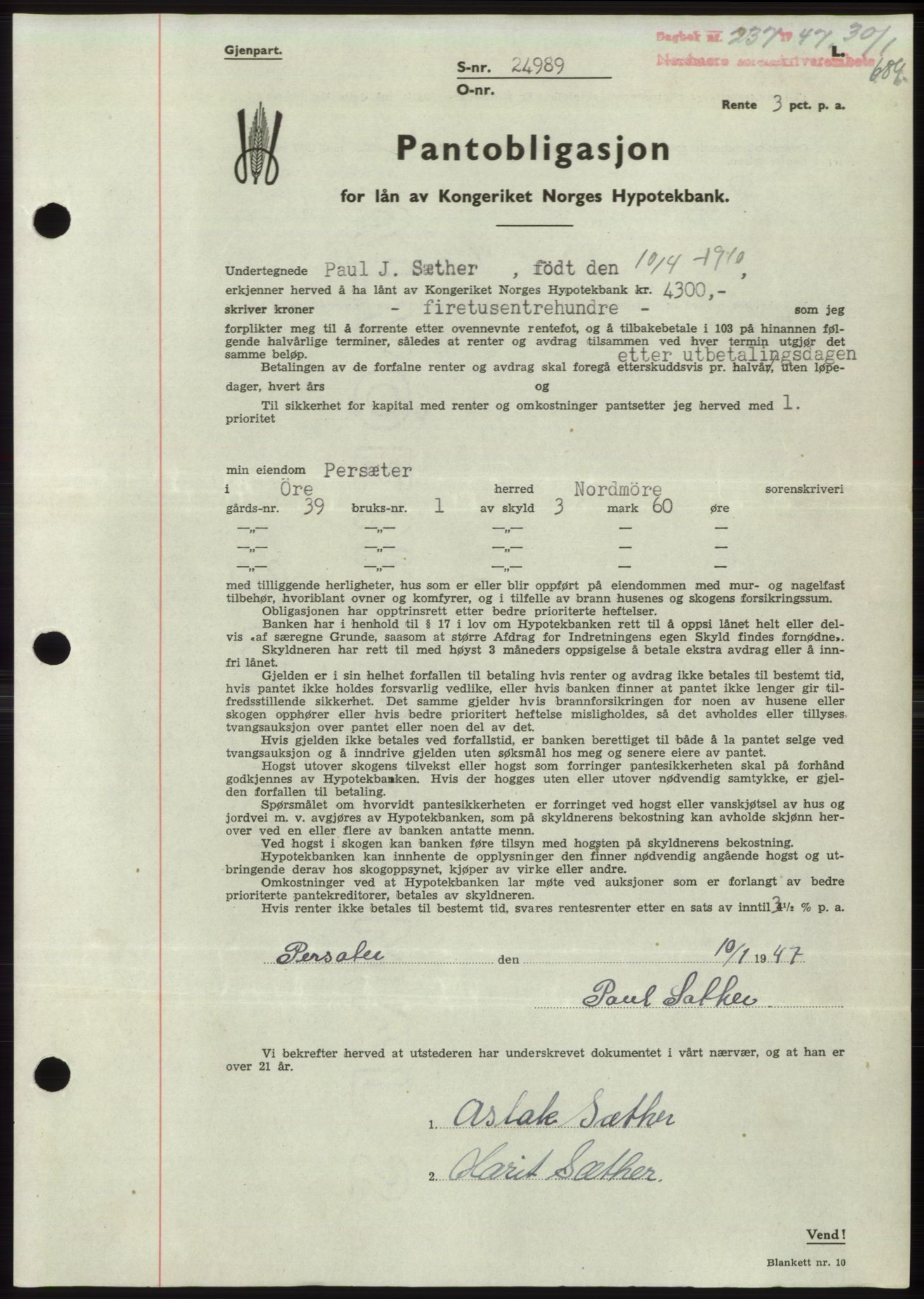 Nordmøre sorenskriveri, AV/SAT-A-4132/1/2/2Ca: Mortgage book no. B95, 1946-1947, Diary no: : 237/1947