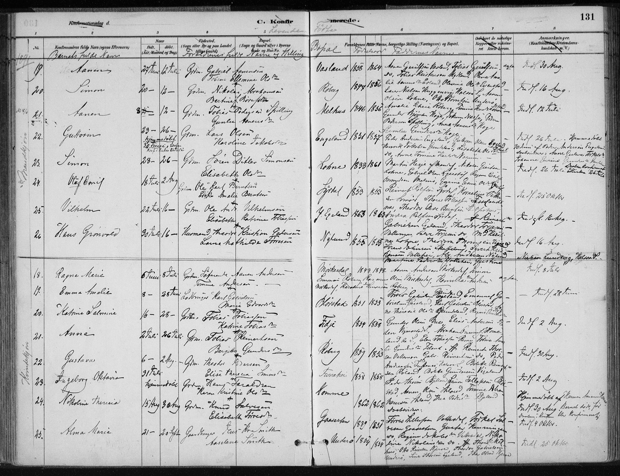 Sør-Audnedal sokneprestkontor, SAK/1111-0039/F/Fa/Fab/L0009: Parish register (official) no. A 9, 1880-1895, p. 131