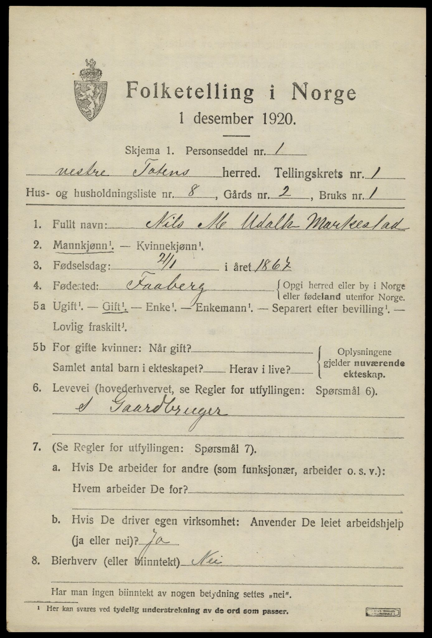 SAH, 1920 census for Vestre Toten, 1920, p. 1908