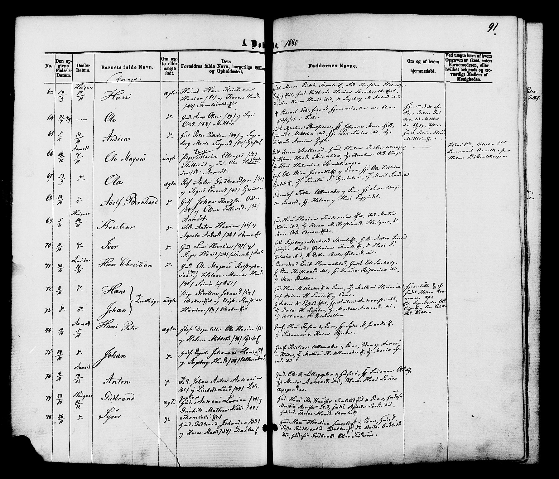 Nordre Land prestekontor, AV/SAH-PREST-124/H/Ha/Haa/L0002: Parish register (official) no. 2, 1872-1881, p. 91