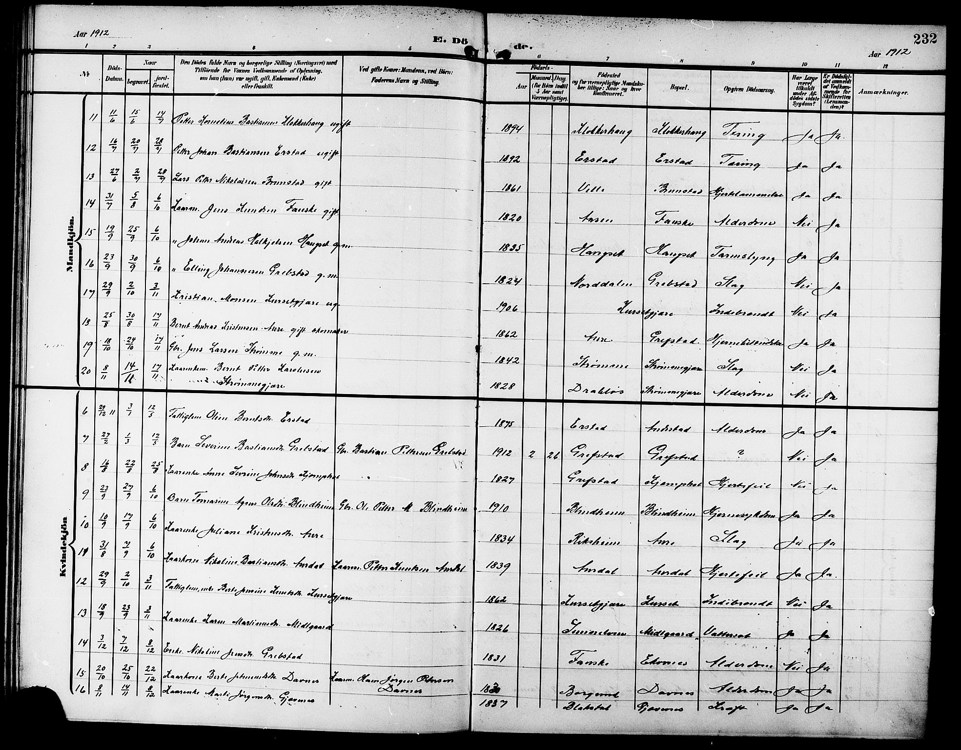 Ministerialprotokoller, klokkerbøker og fødselsregistre - Møre og Romsdal, SAT/A-1454/523/L0341: Parish register (copy) no. 523C04, 1903-1916, p. 232