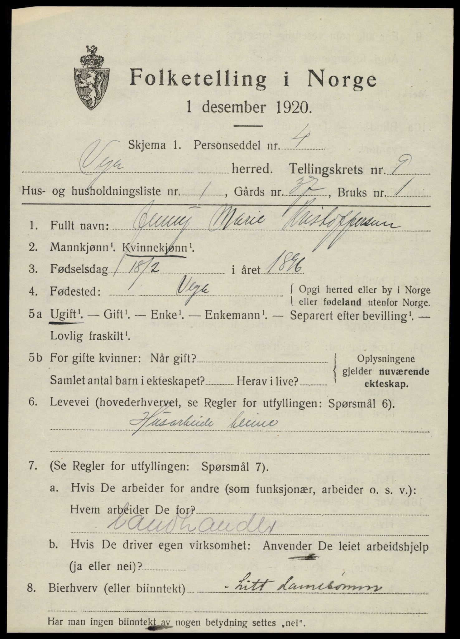 SAT, 1920 census for Vega, 1920, p. 4545