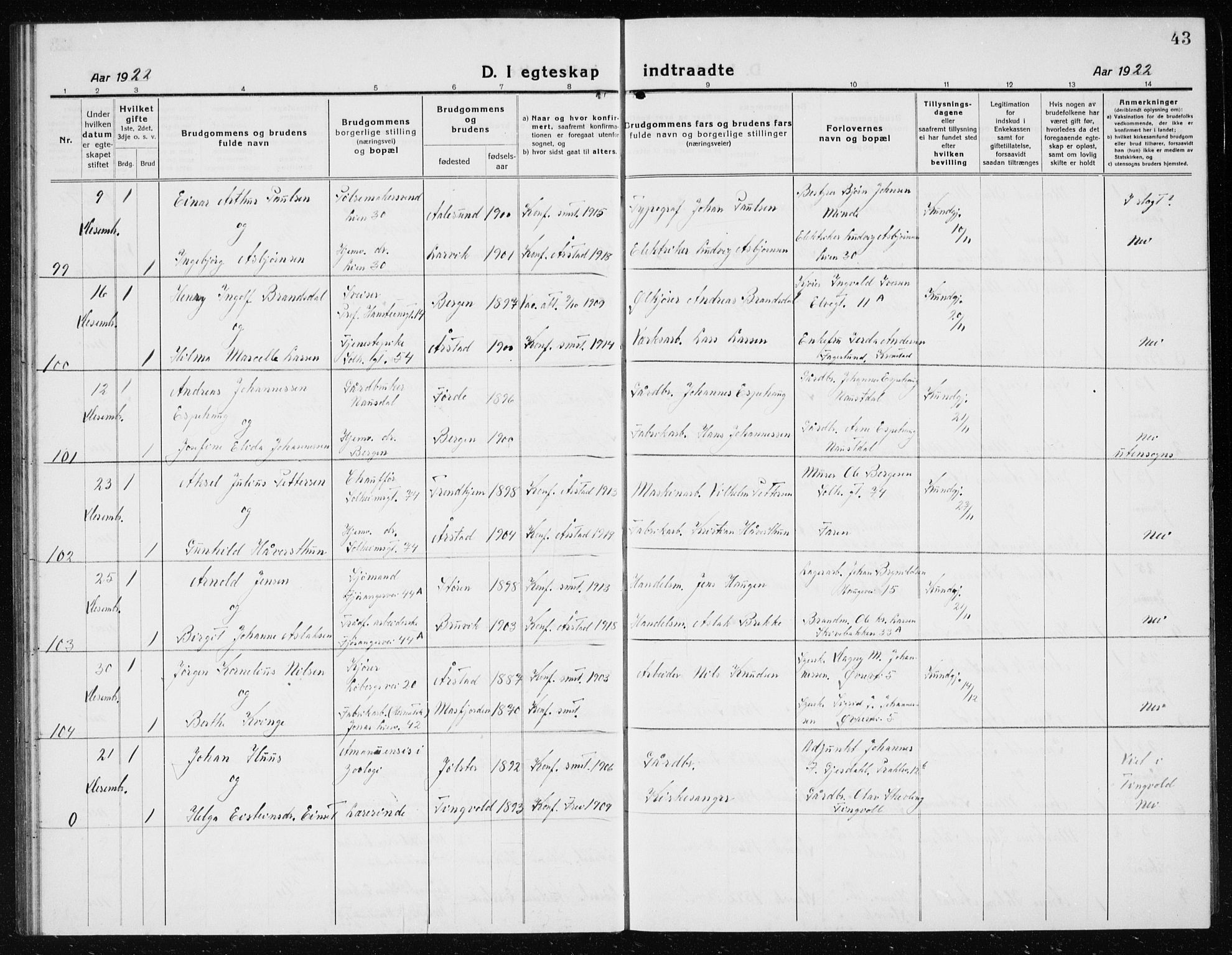 Årstad Sokneprestembete, AV/SAB-A-79301/H/Hab/L0020: Parish register (copy) no. C  2, 1920-1935, p. 43