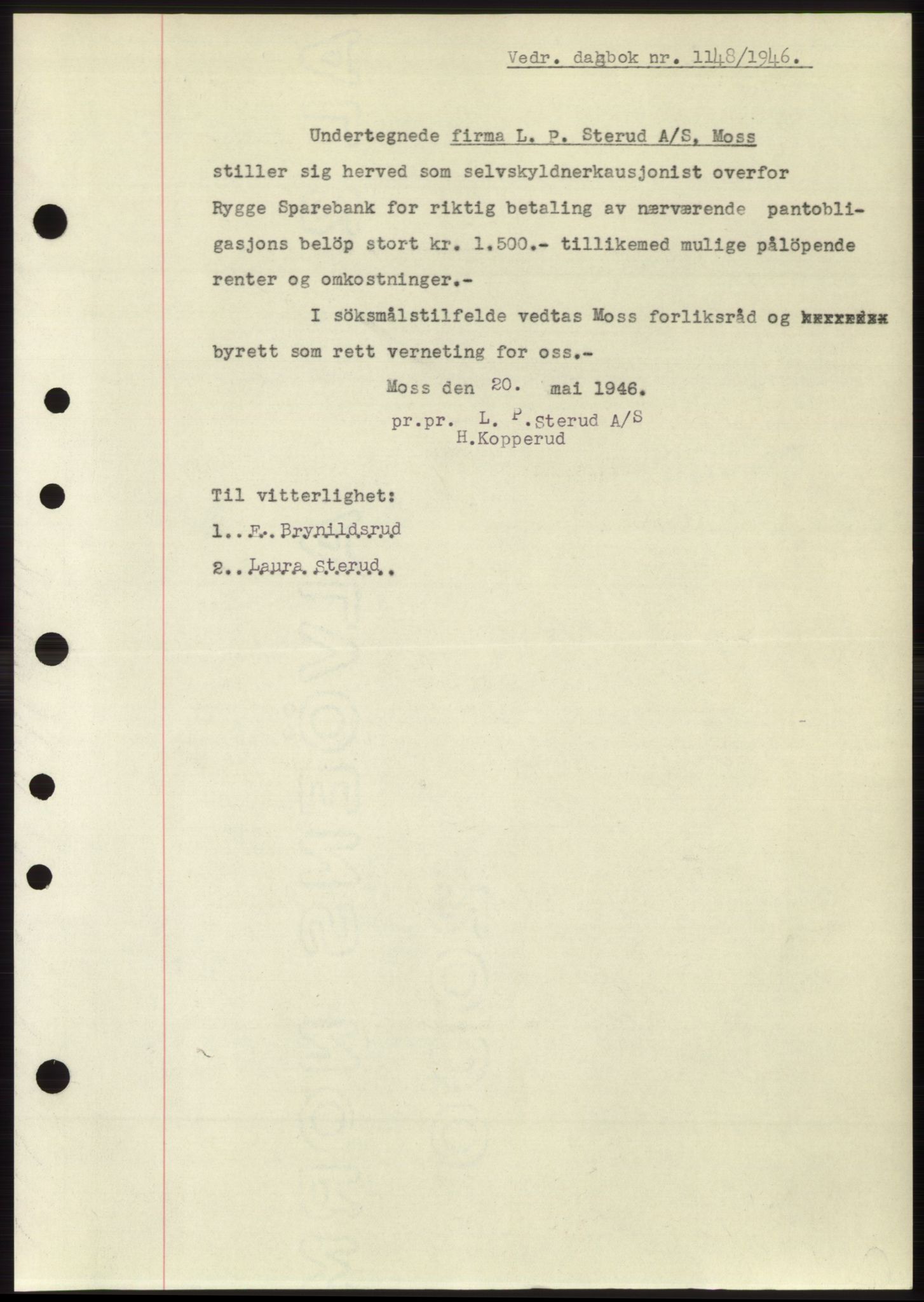 Moss sorenskriveri, SAO/A-10168: Mortgage book no. B15, 1946-1946, Diary no: : 1148/1946