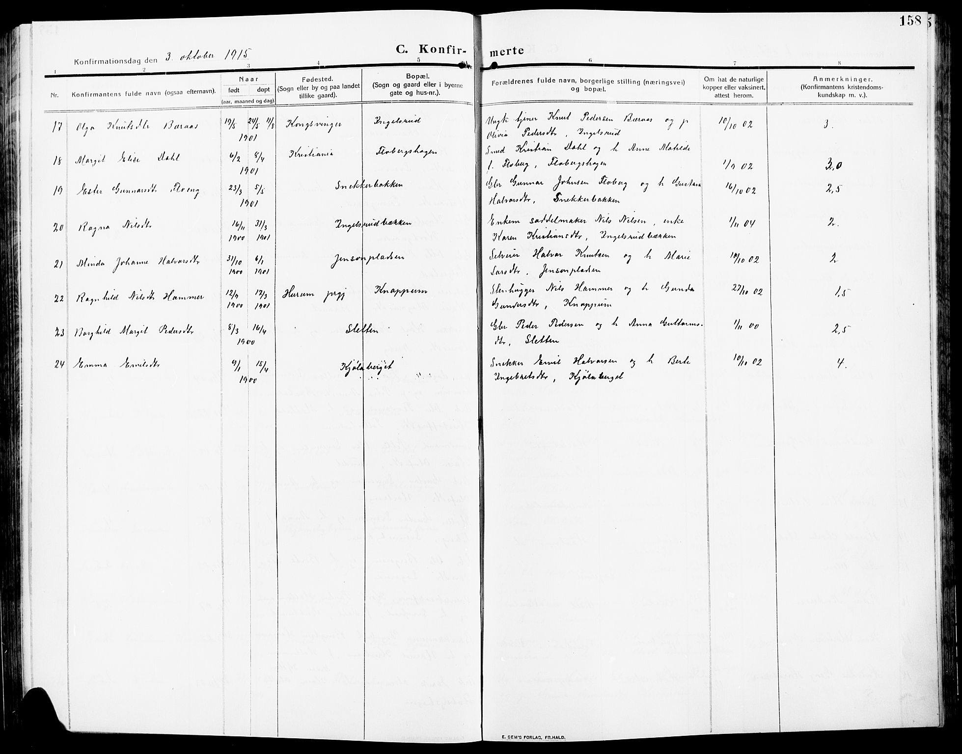 Åsnes prestekontor, SAH/PREST-042/H/Ha/Hab/L0007: Parish register (copy) no. 7, 1909-1926, p. 158