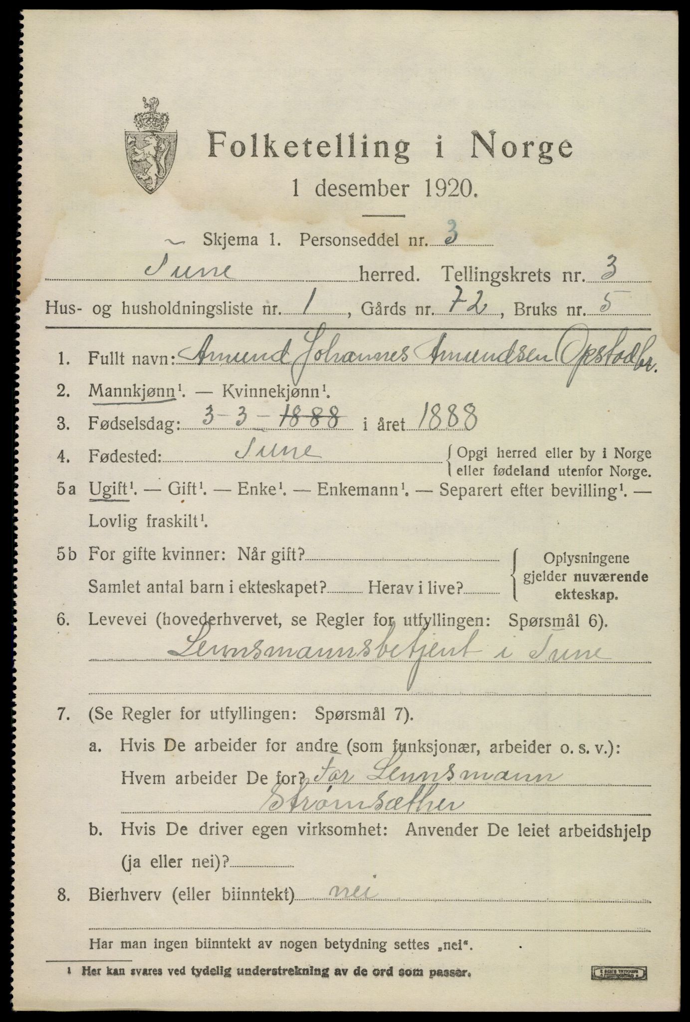 SAO, 1920 census for Tune, 1920, p. 3664