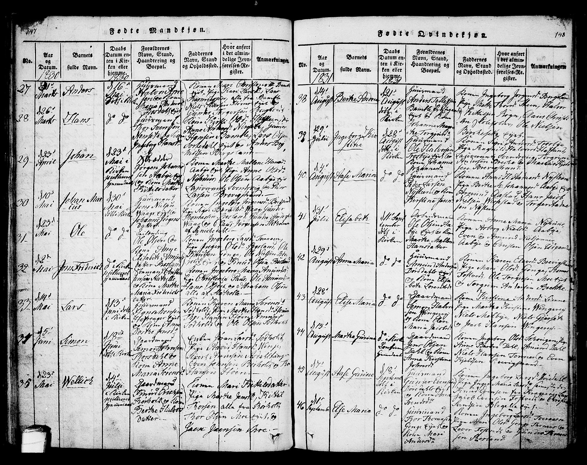 Bamble kirkebøker, AV/SAKO-A-253/F/Fa/L0003: Parish register (official) no. I 3 /1, 1814-1834, p. 147-148