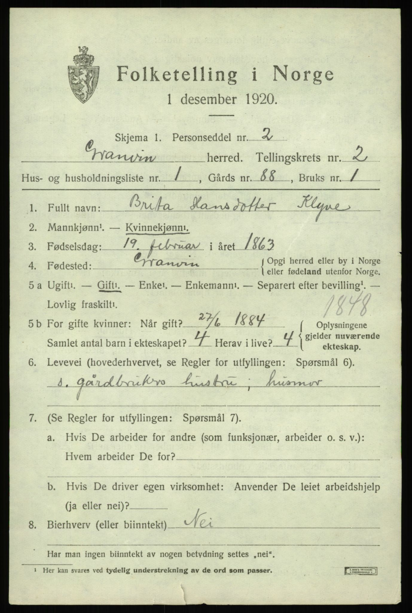 SAB, 1920 census for Granvin, 1920, p. 638