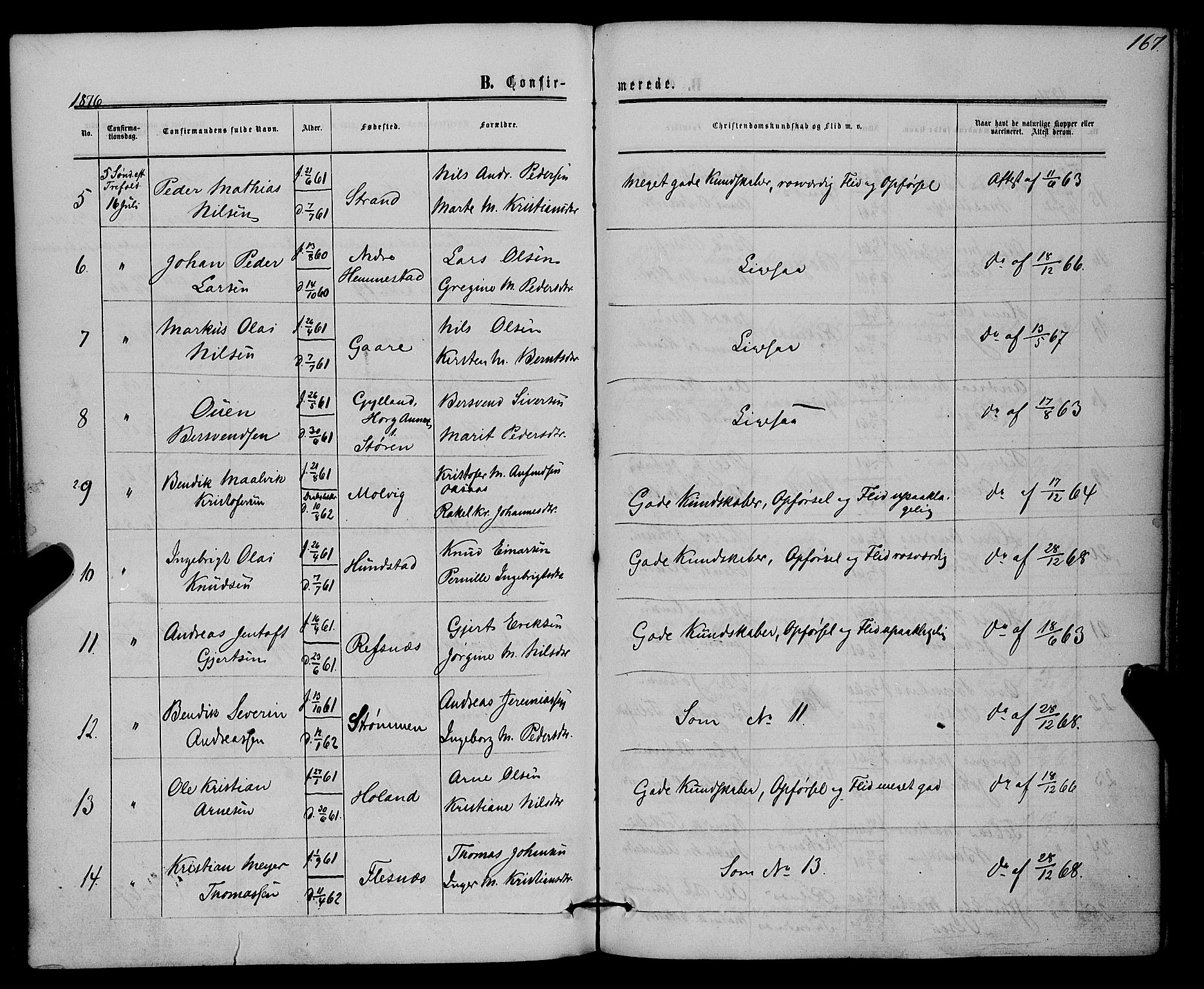 Kvæfjord sokneprestkontor, AV/SATØ-S-1323/G/Ga/Gaa/L0004kirke: Parish register (official) no. 4, 1857-1877, p. 167