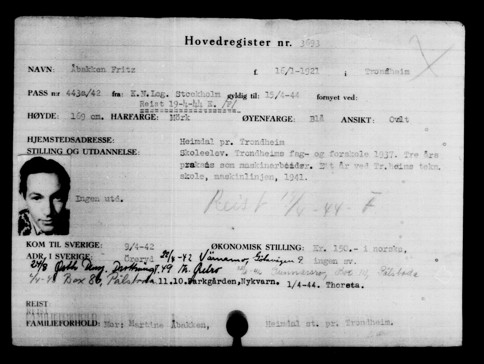 Utenriksstasjonene, Legasjonen i Stockholm, Flyktningkontoret, AV/RA-S-6753/V/Va/L0004: Kjesäterkartoteket, flyktninger med registreringsnr. 3496-6610, 1940-1945, p. 229