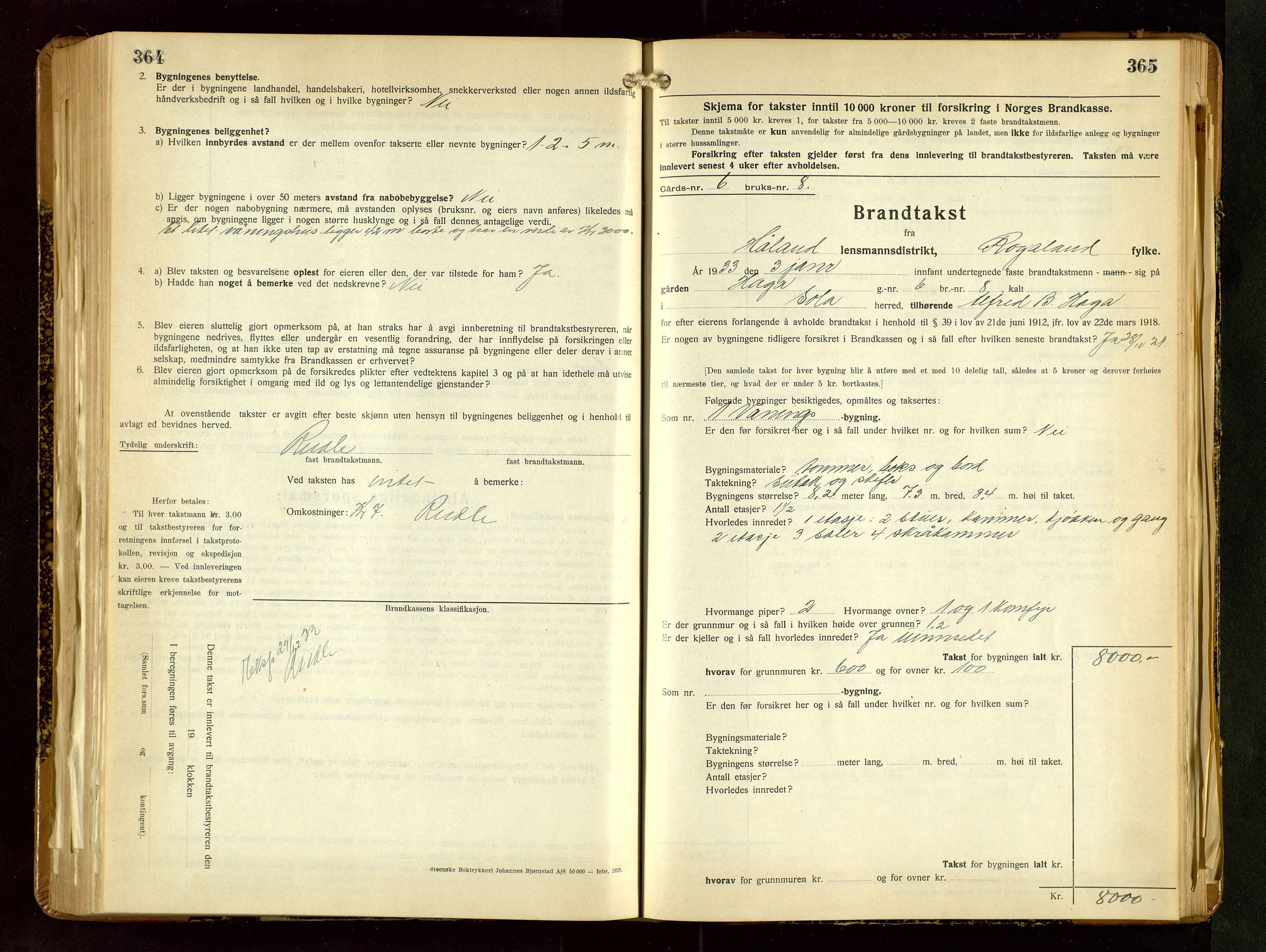 Håland lensmannskontor, SAST/A-100100/Gob/L0009: Branntakstprotokoll - skjematakst. Register i boken., 1930-1933, p. 364-365