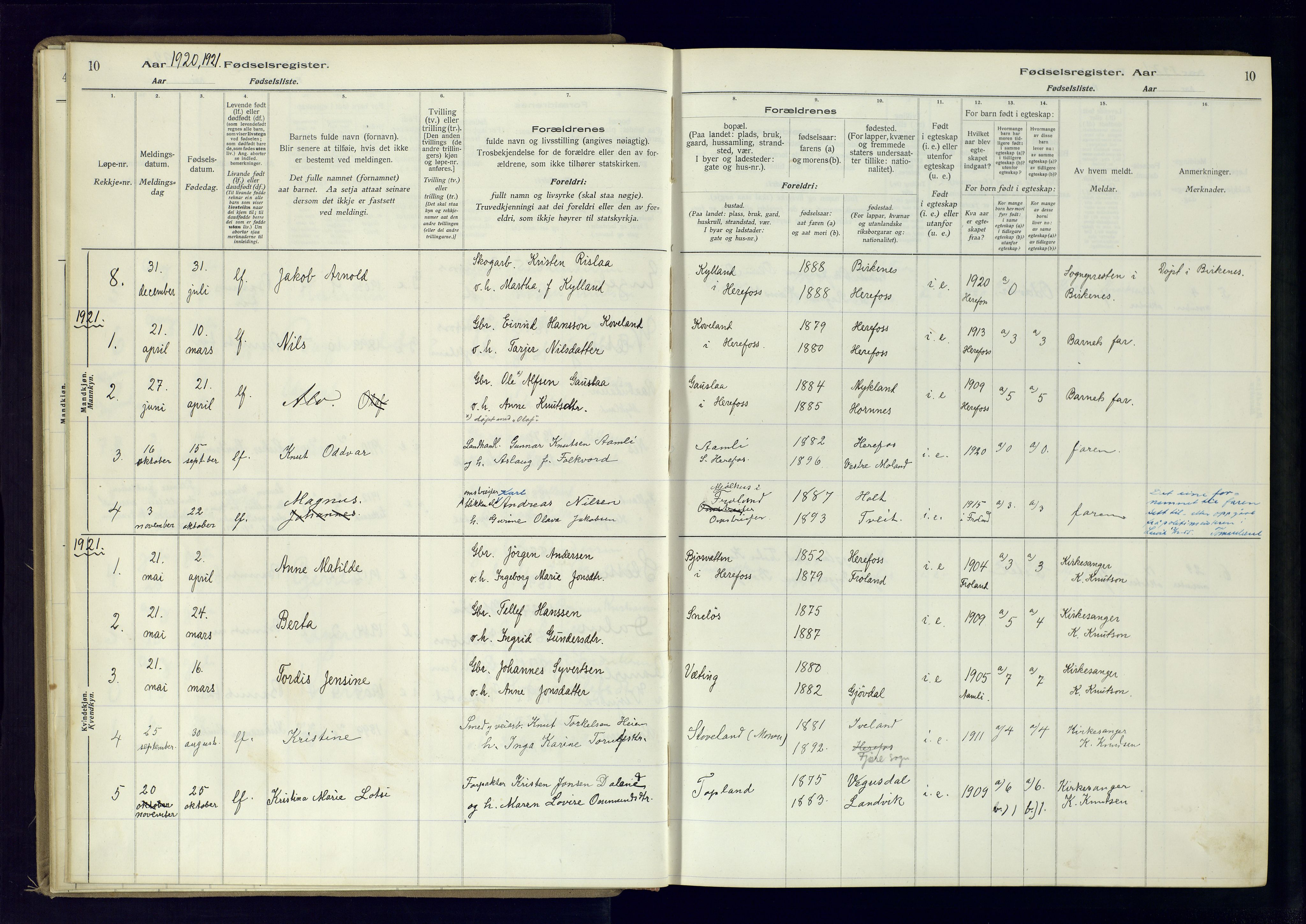 Herefoss sokneprestkontor, AV/SAK-1111-0019/J/Ja/L0001: Birth register no. II.6.10, 1916-1982, p. 10