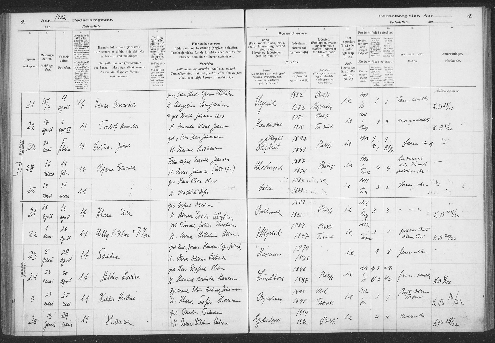 Balsfjord sokneprestembete, AV/SATØ-S-1303/H/Hb/L0059: Birth register no. 59, 1916-1930, p. 89