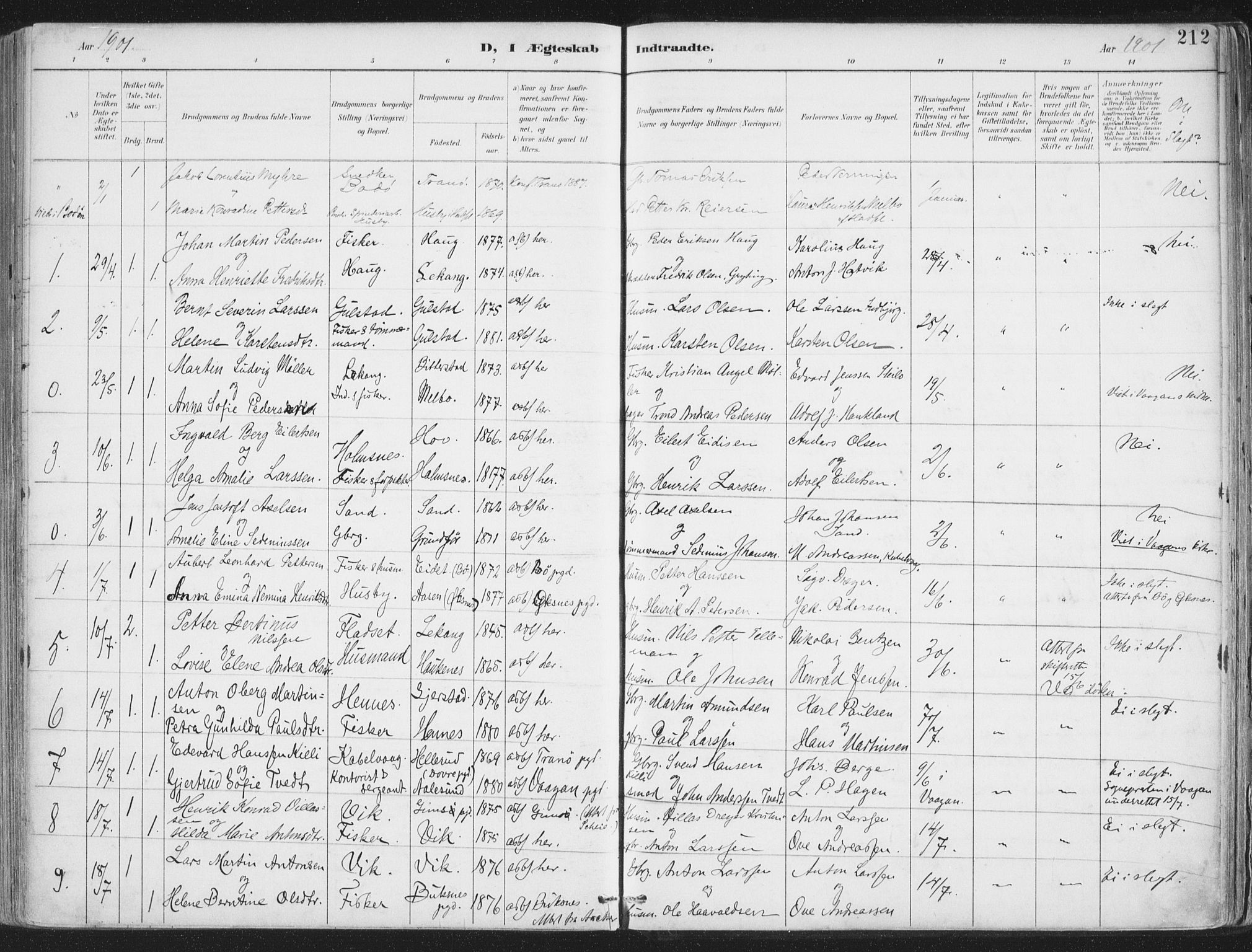 Ministerialprotokoller, klokkerbøker og fødselsregistre - Nordland, SAT/A-1459/888/L1246: Parish register (official) no. 888A12, 1891-1903, p. 212