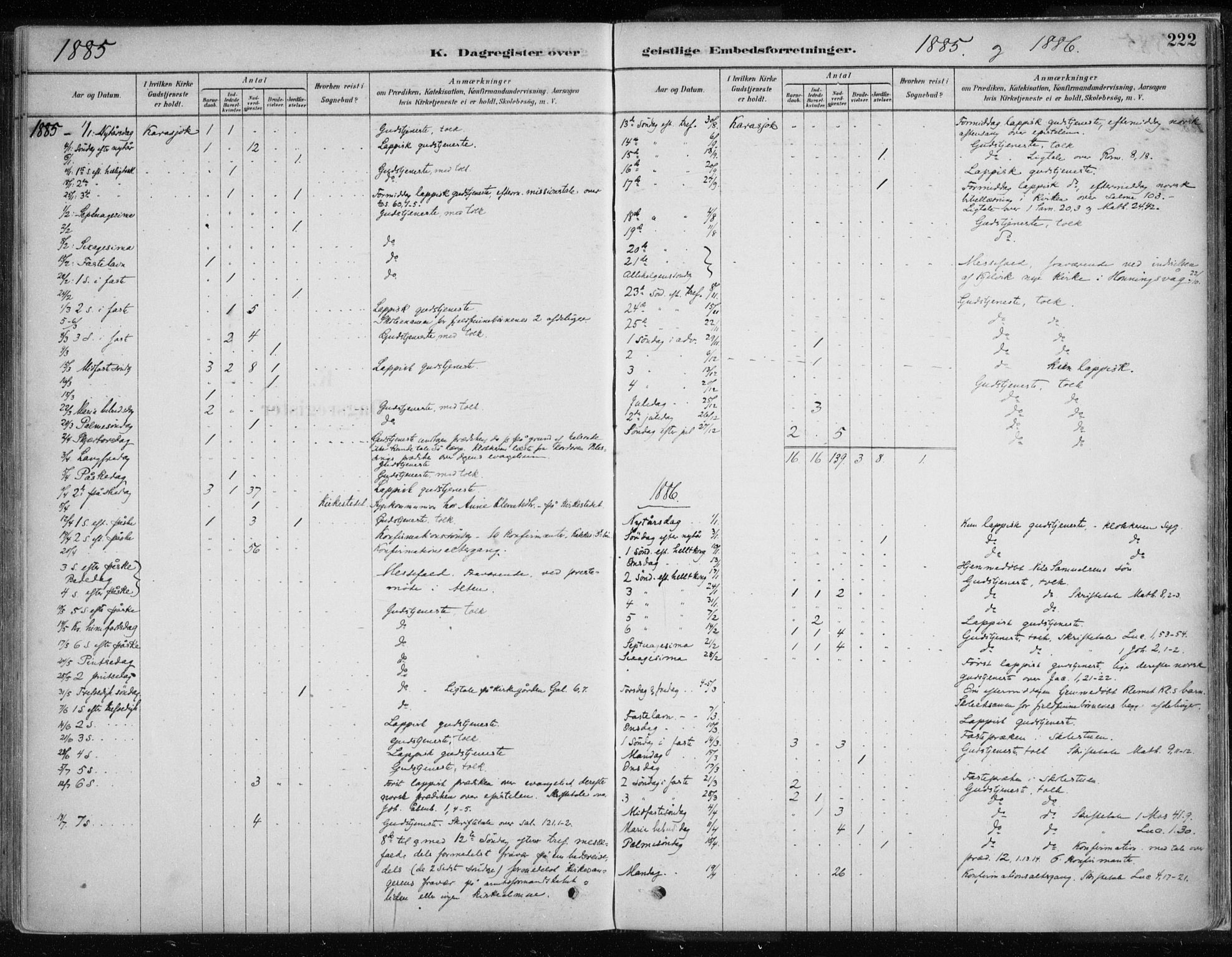 Karasjok sokneprestkontor, AV/SATØ-S-1352/H/Ha/L0002kirke: Parish register (official) no. 2, 1885-1906, p. 222