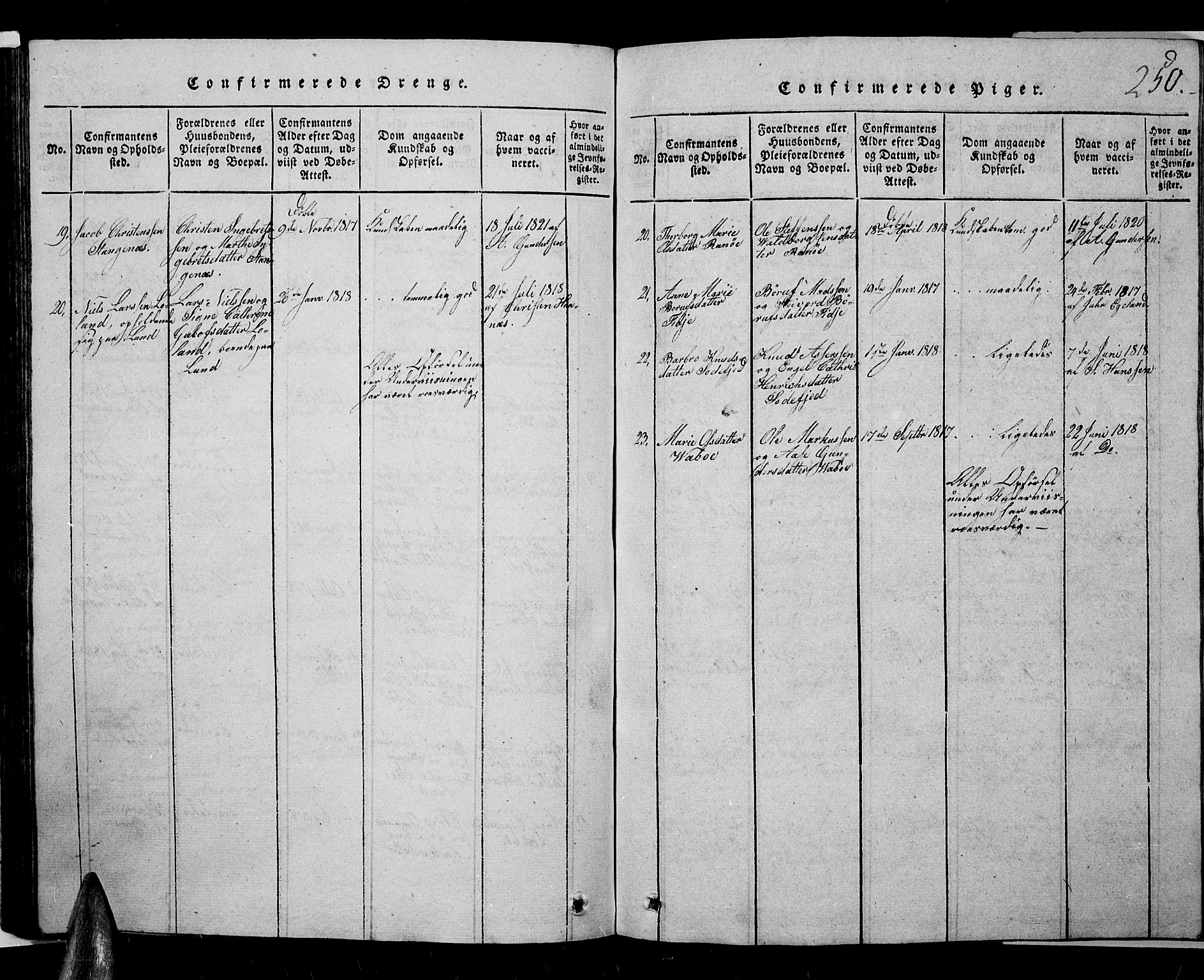 Oddernes sokneprestkontor, AV/SAK-1111-0033/F/Fb/Fba/L0003: Parish register (copy) no. B 3, 1820-1838, p. 250