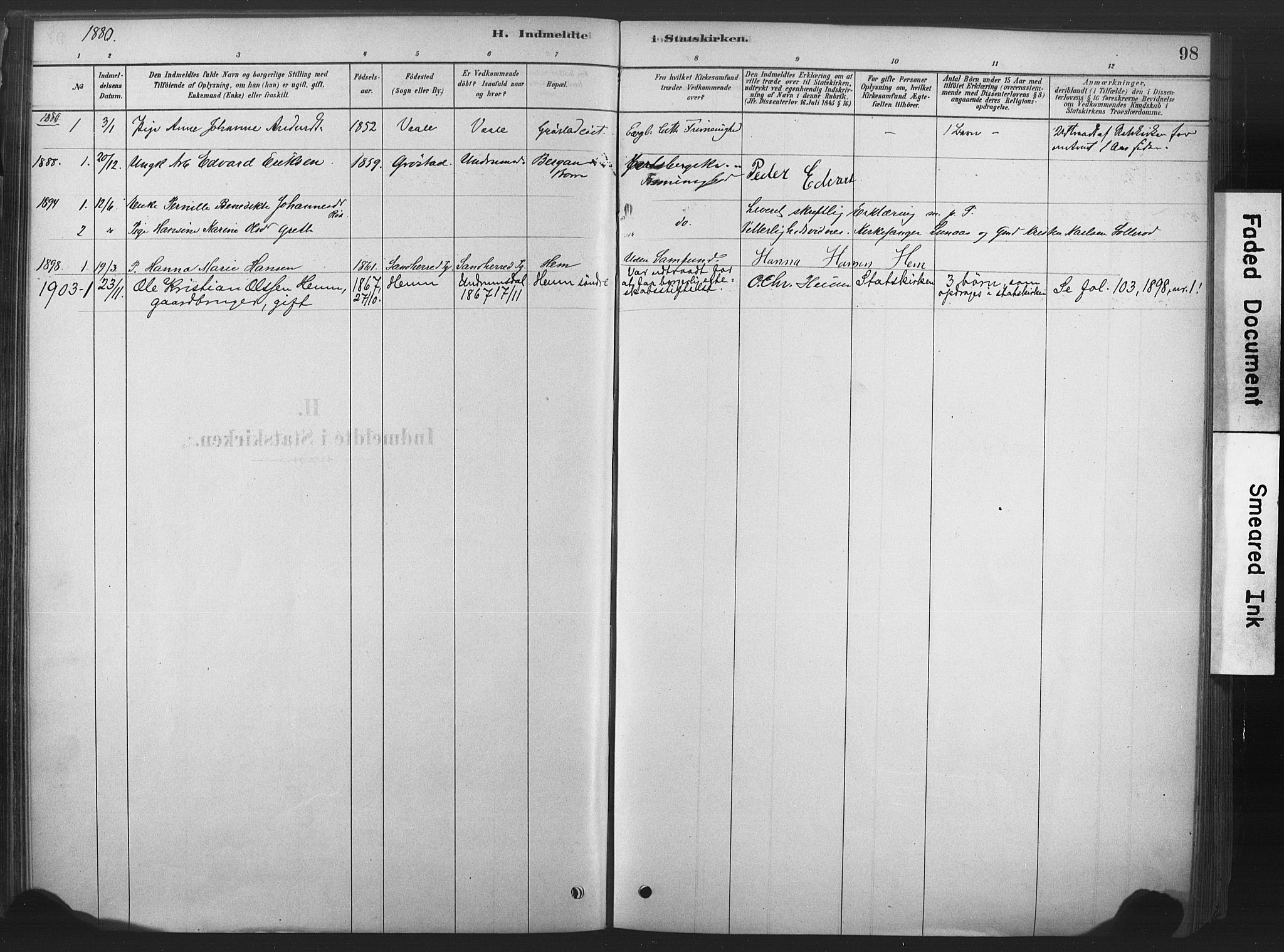 Våle kirkebøker, SAKO/A-334/F/Fb/L0002: Parish register (official) no. II 2, 1878-1907, p. 98