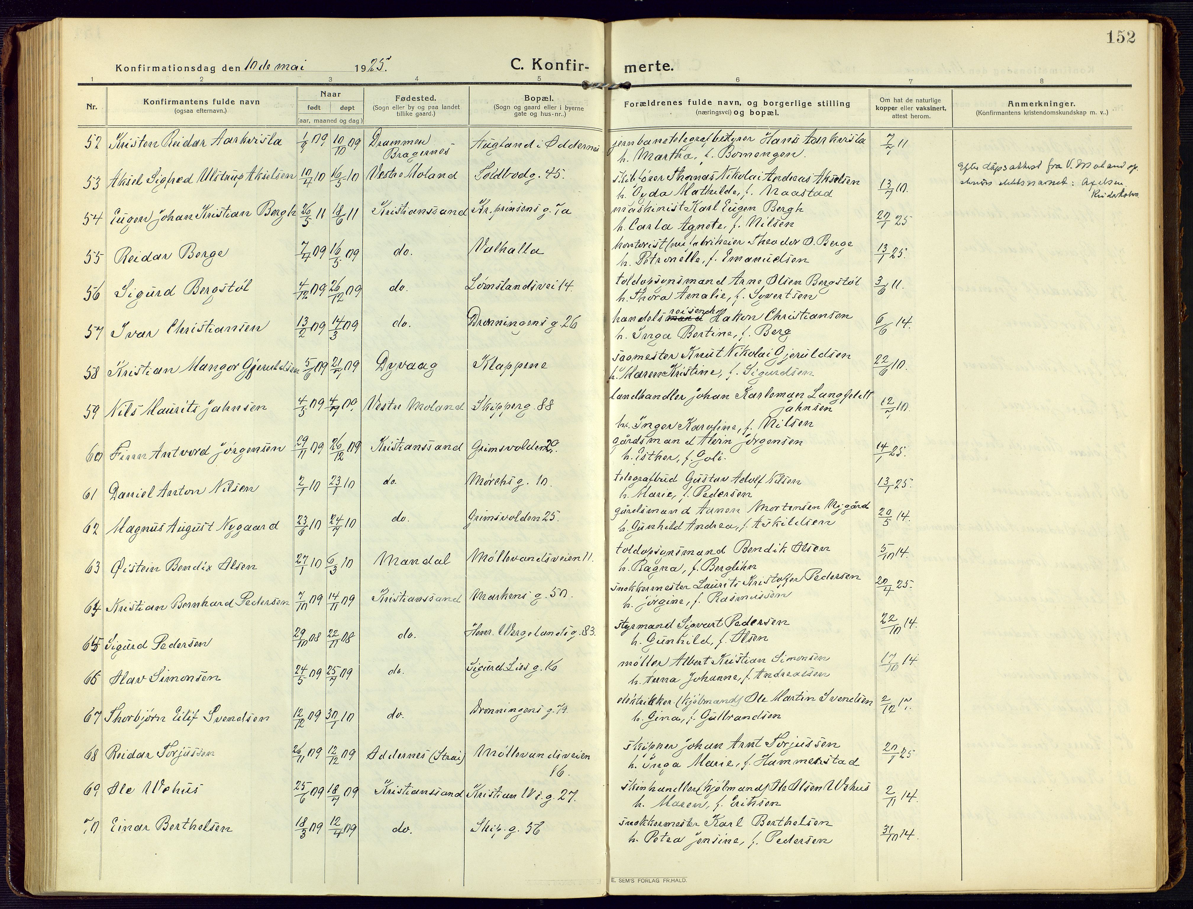 Kristiansand domprosti, SAK/1112-0006/F/Fa/L0026: Parish register (official) no. A 25, 1916-1928, p. 152