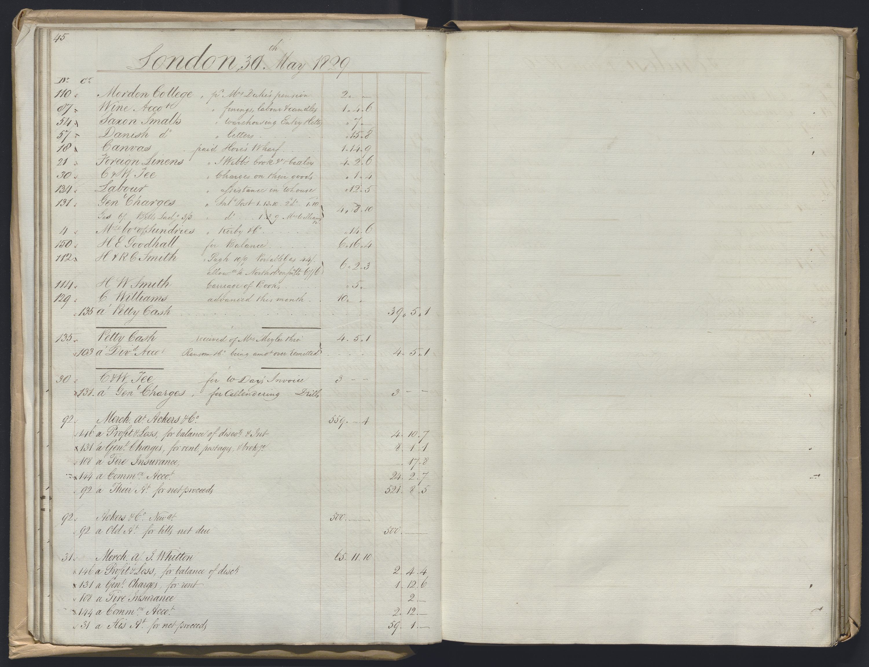Smith, Goodhall & Reeves, RA/PA-0586/R/L0001: Dagbok (Daybook) A, 1829-1831, p. 45-46
