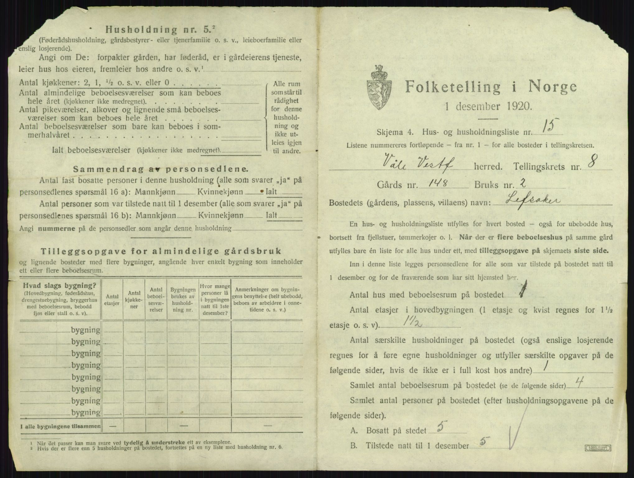 SAKO, 1920 census for Våle, 1920, p. 1002