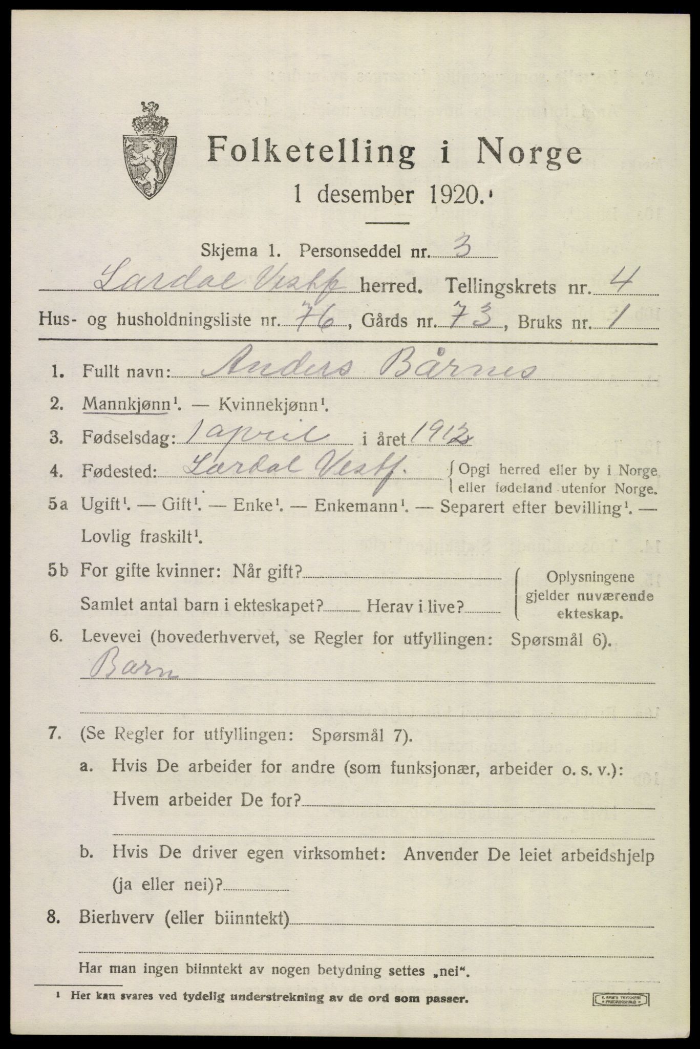 SAKO, 1920 census for Lardal, 1920, p. 4391