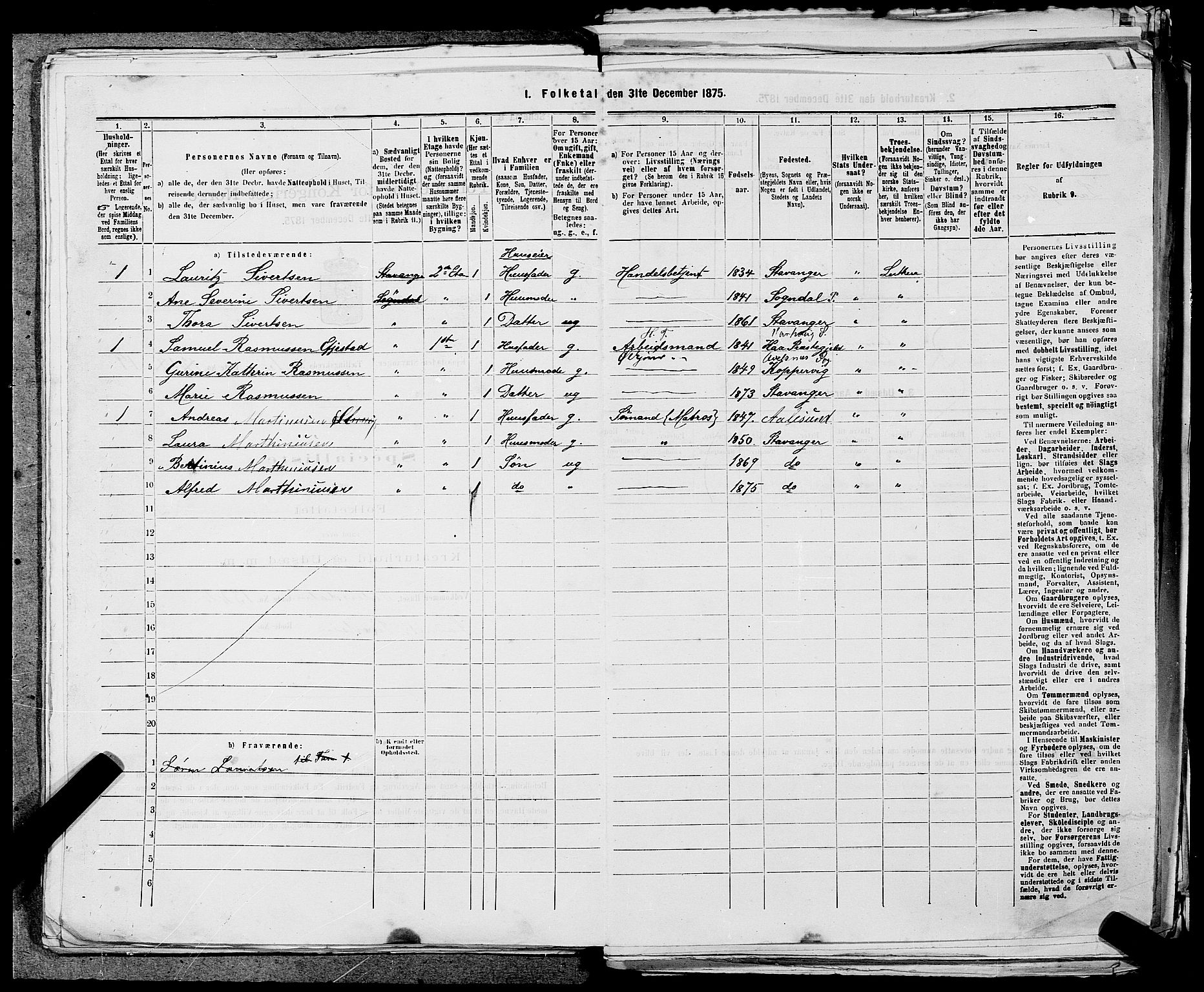 SAST, 1875 census for 1103 Stavanger, 1875, p. 2549