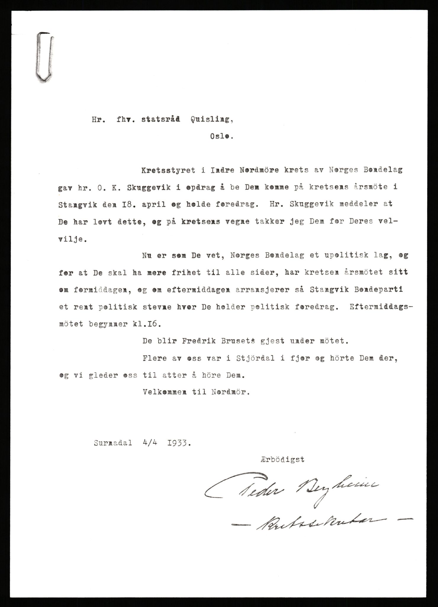 Quisling, Vidkun, AV/RA-PA-0750/G/Gf/L0001: Brev mv. til Vidkun Quisling, 1930-1938, p. 261
