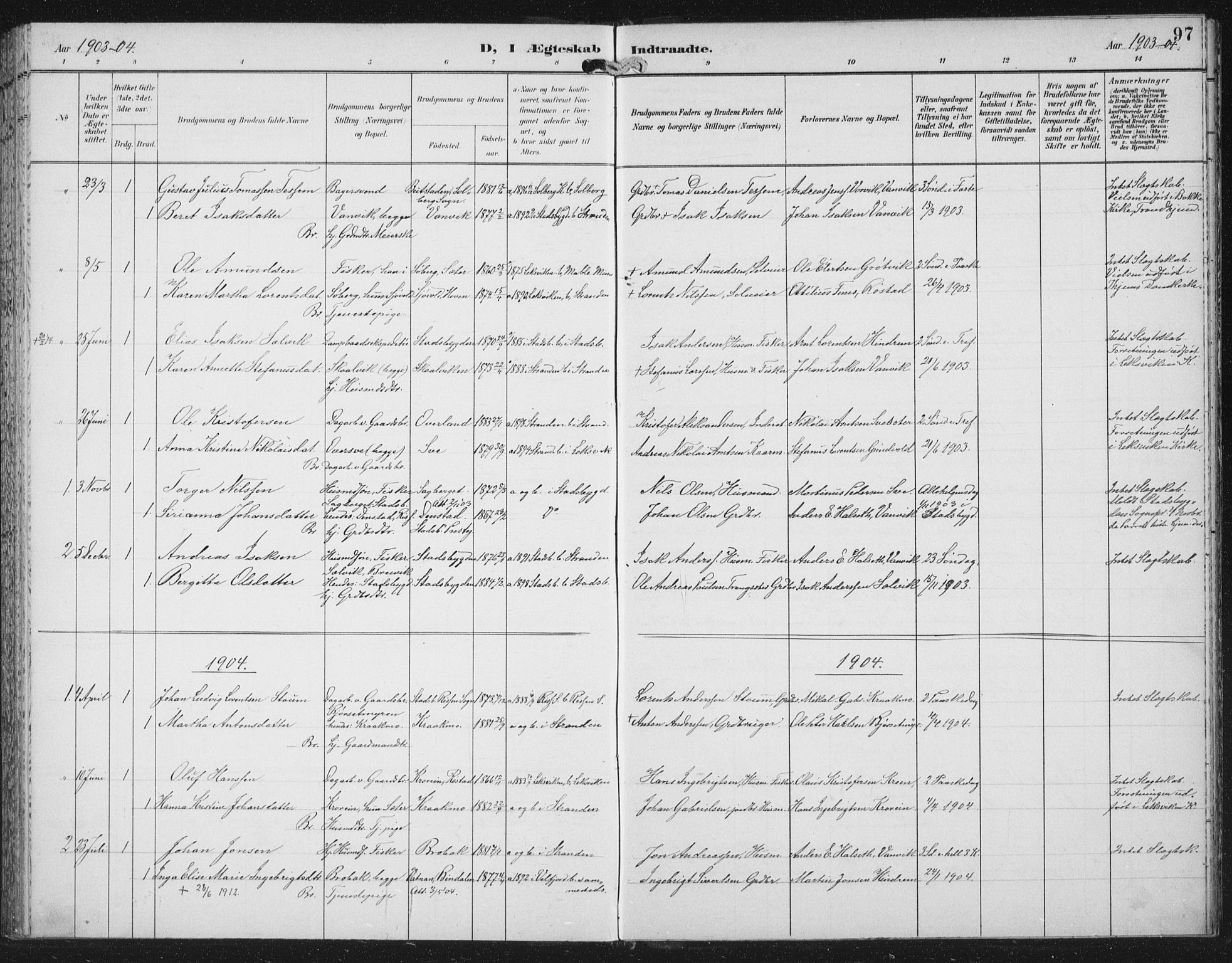Ministerialprotokoller, klokkerbøker og fødselsregistre - Nord-Trøndelag, SAT/A-1458/702/L0024: Parish register (official) no. 702A02, 1898-1914, p. 97