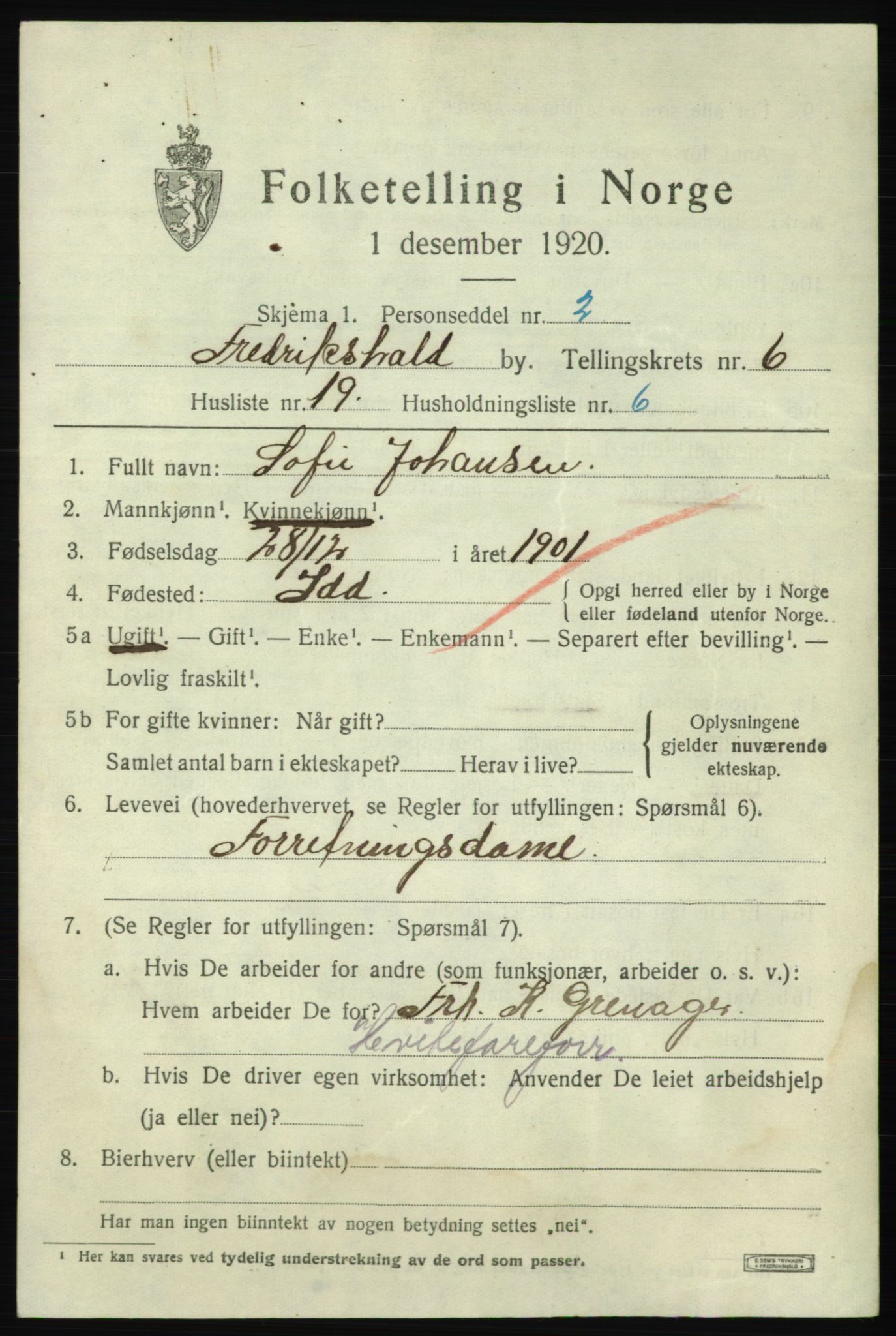 SAO, 1920 census for Fredrikshald, 1920, p. 13440