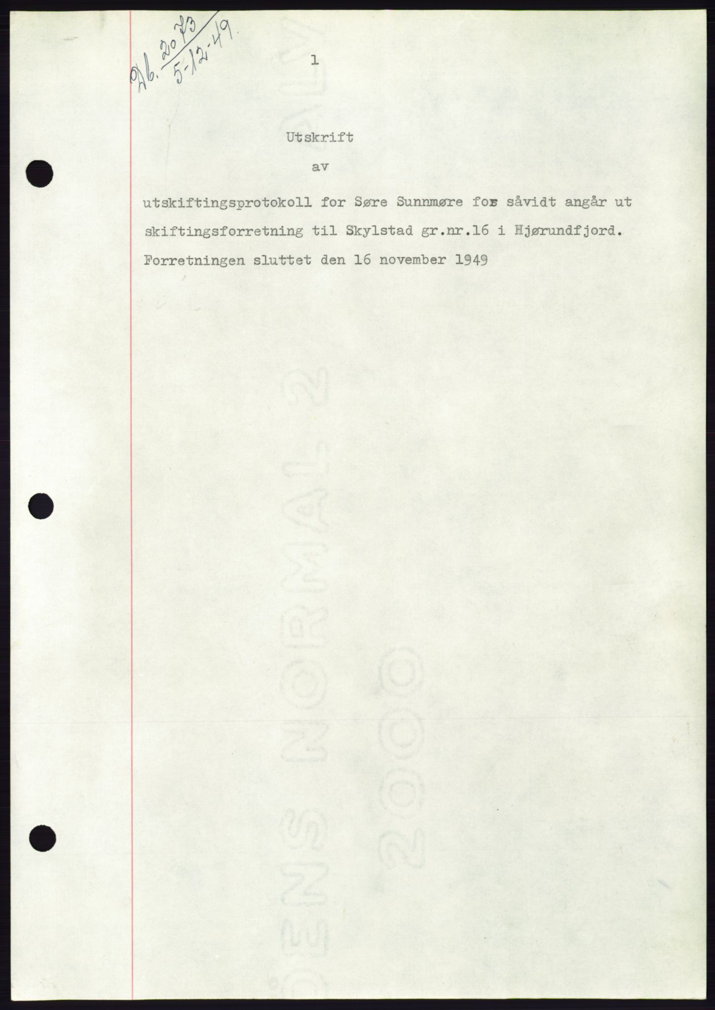 Søre Sunnmøre sorenskriveri, AV/SAT-A-4122/1/2/2C/L0085: Mortgage book no. 11A, 1949-1949, Diary no: : 2073/1949