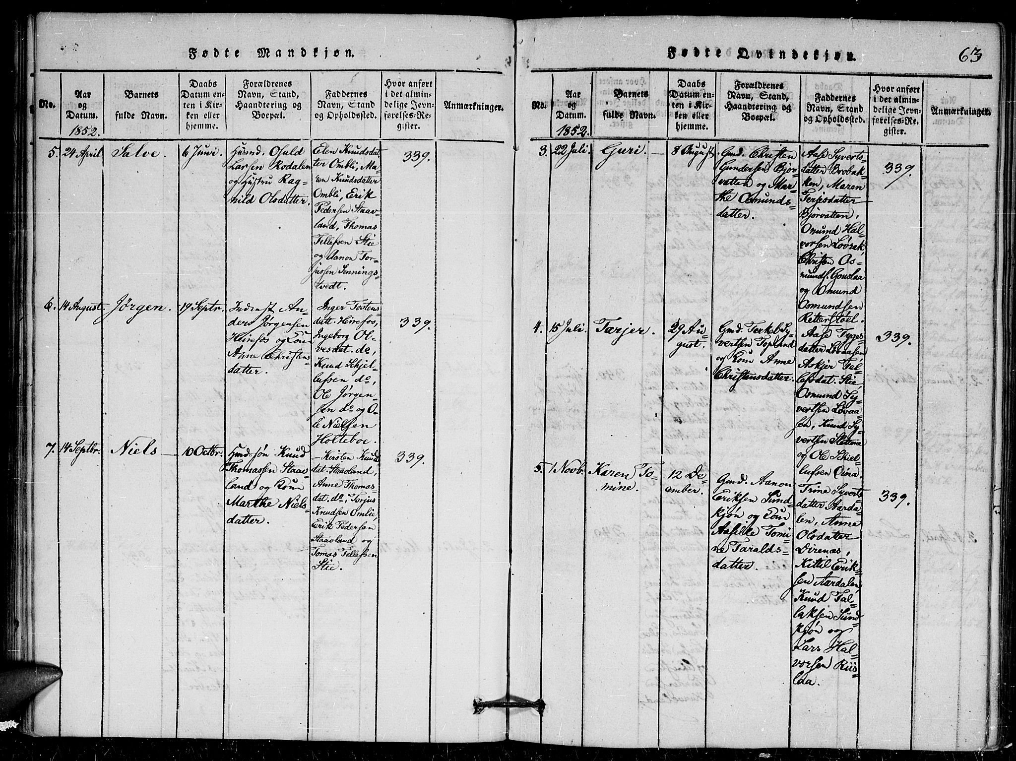 Herefoss sokneprestkontor, AV/SAK-1111-0019/F/Fa/Faa/L0001: Parish register (official) no. A 1, 1816-1860, p. 63