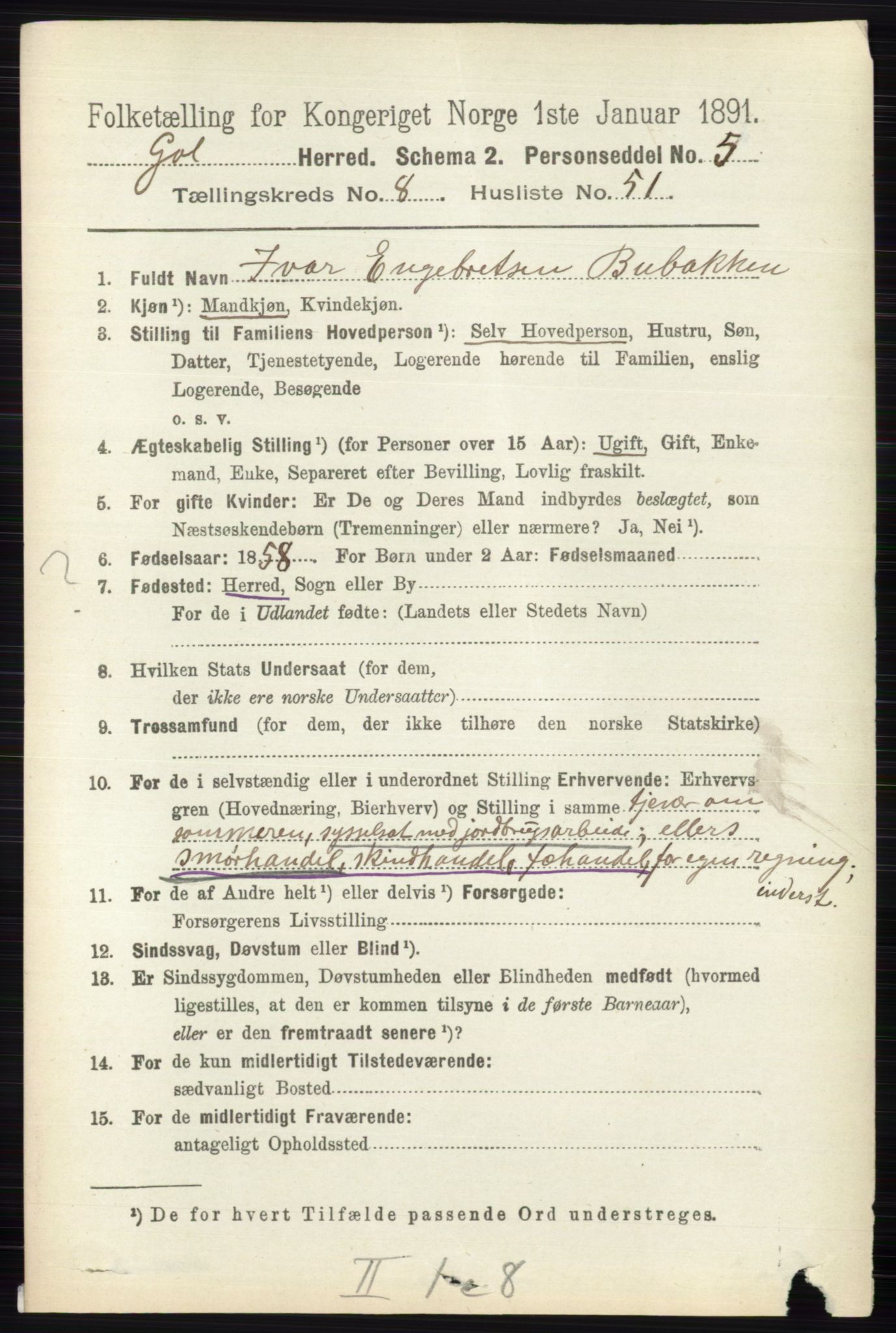 RA, 1891 census for 0617 Gol og Hemsedal, 1891, p. 3297