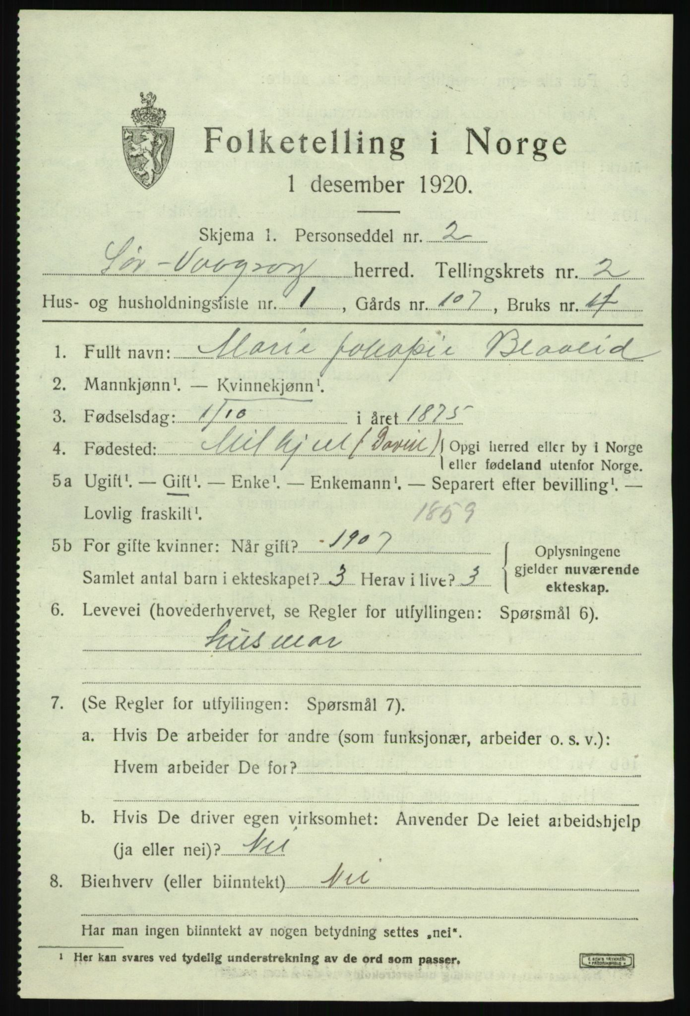 SAB, 1920 census for Sør-Vågsøy, 1920, p. 1046