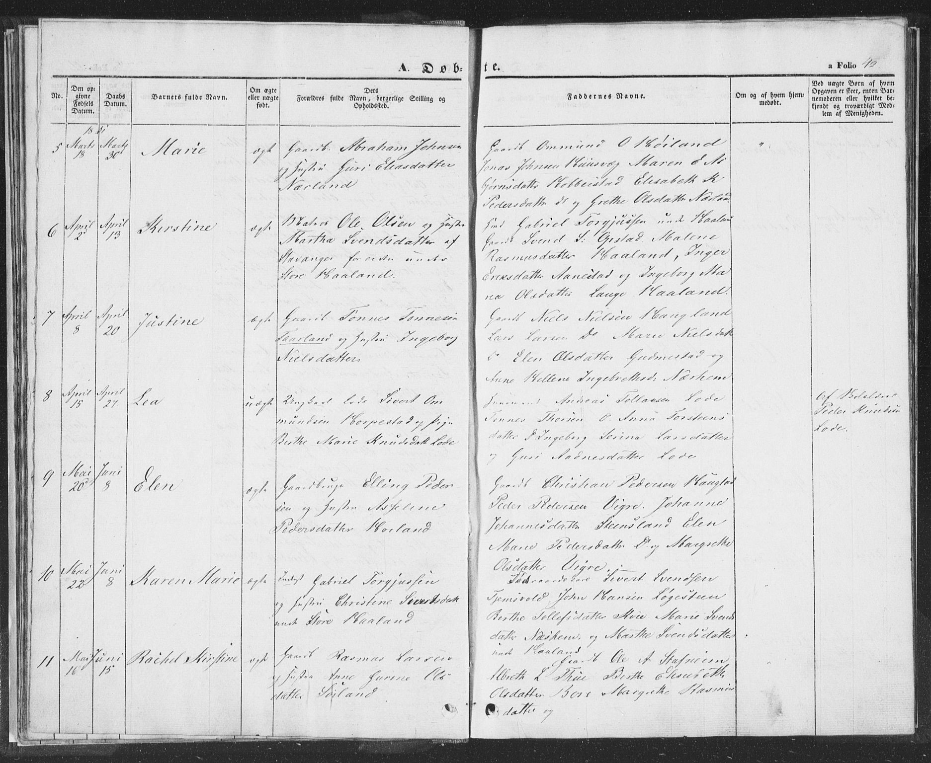 Hå sokneprestkontor, AV/SAST-A-101801/001/30BA/L0006: Parish register (official) no. A 5, 1842-1853, p. 42