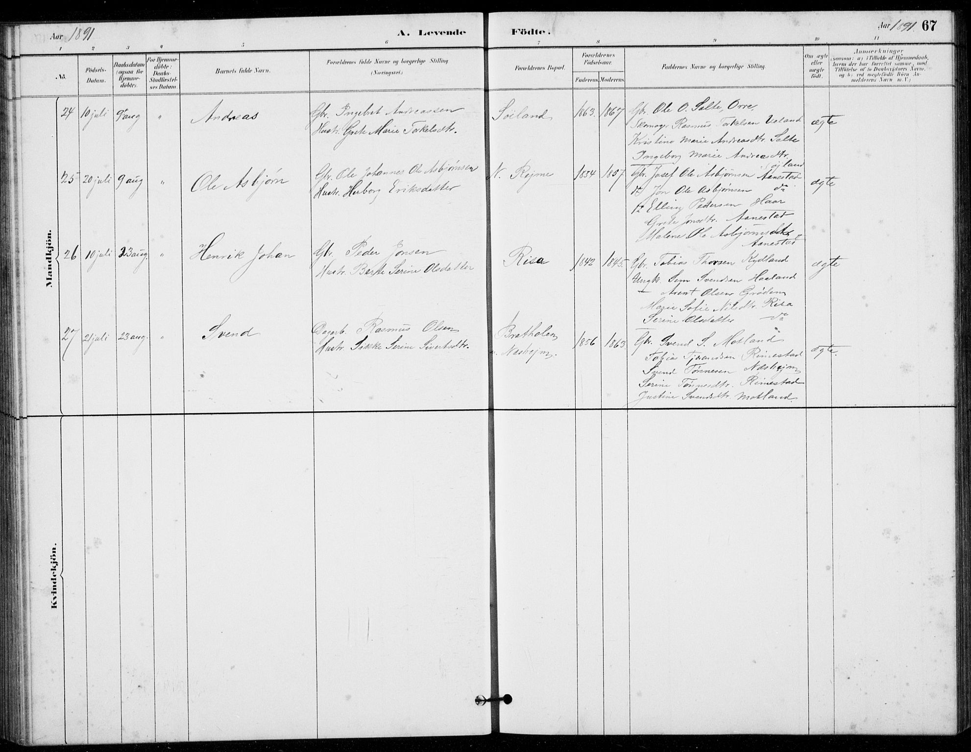 Hå sokneprestkontor, AV/SAST-A-101801/001/30BB/L0003: Parish register (copy) no. B 3, 1883-1894, p. 67