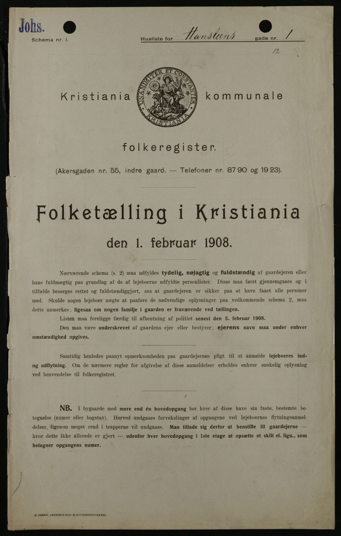 OBA, Municipal Census 1908 for Kristiania, 1908, p. 31308