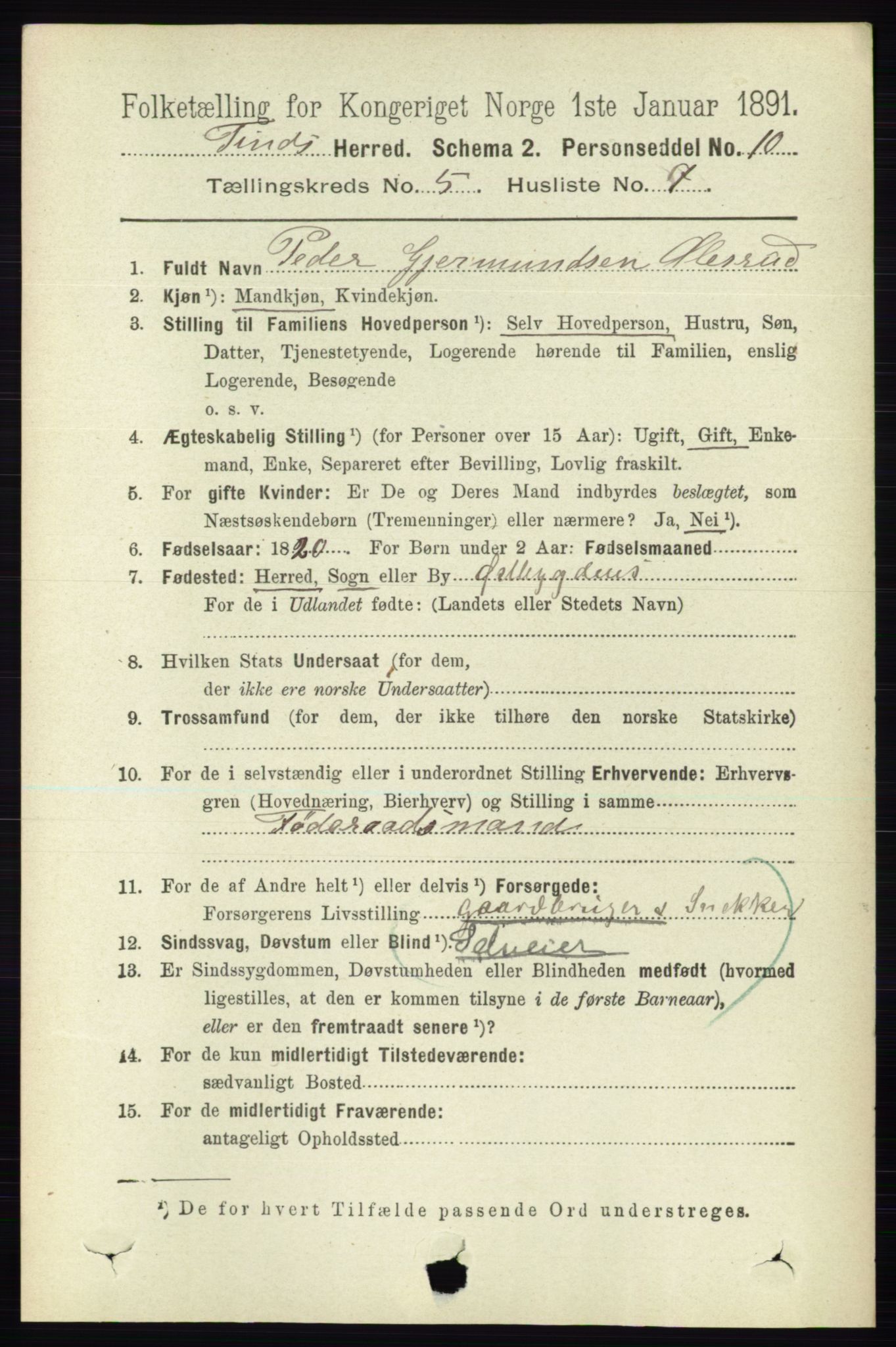 RA, 1891 census for 0826 Tinn, 1891, p. 1047