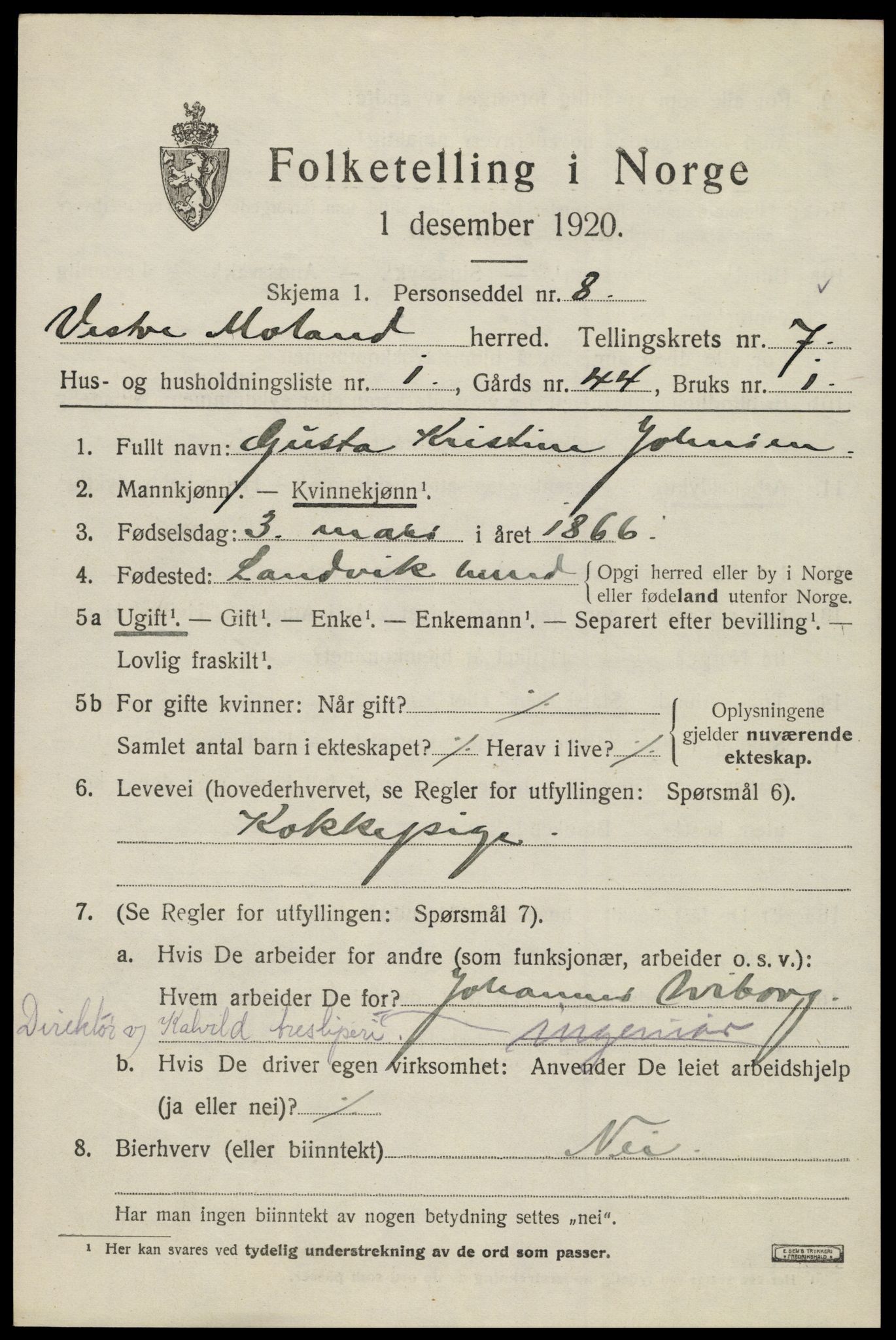 SAK, 1920 census for Vestre Moland, 1920, p. 4783