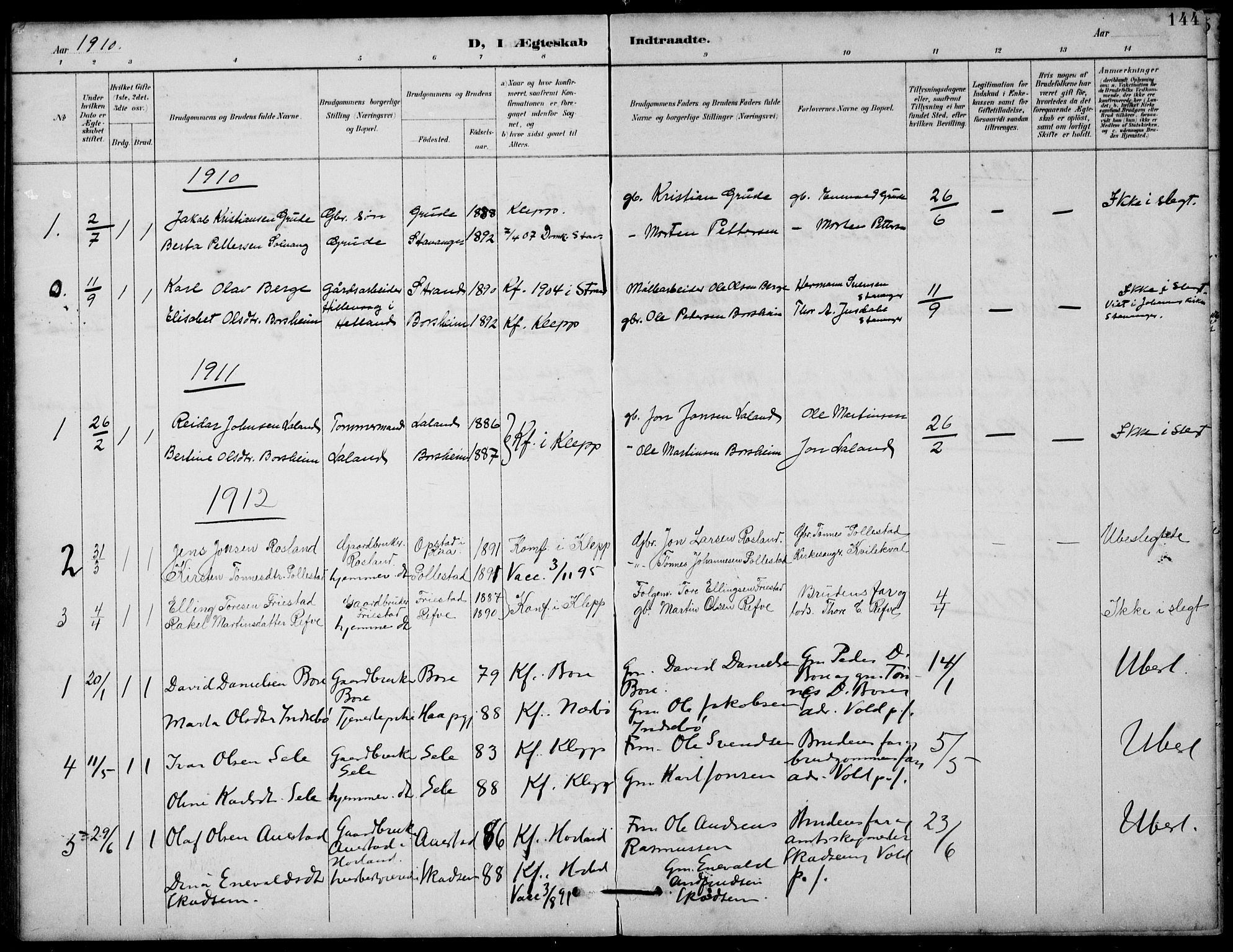 Klepp sokneprestkontor, AV/SAST-A-101803/001/3/30BB/L0006: Parish register (copy) no. B 6, 1889-1936, p. 144