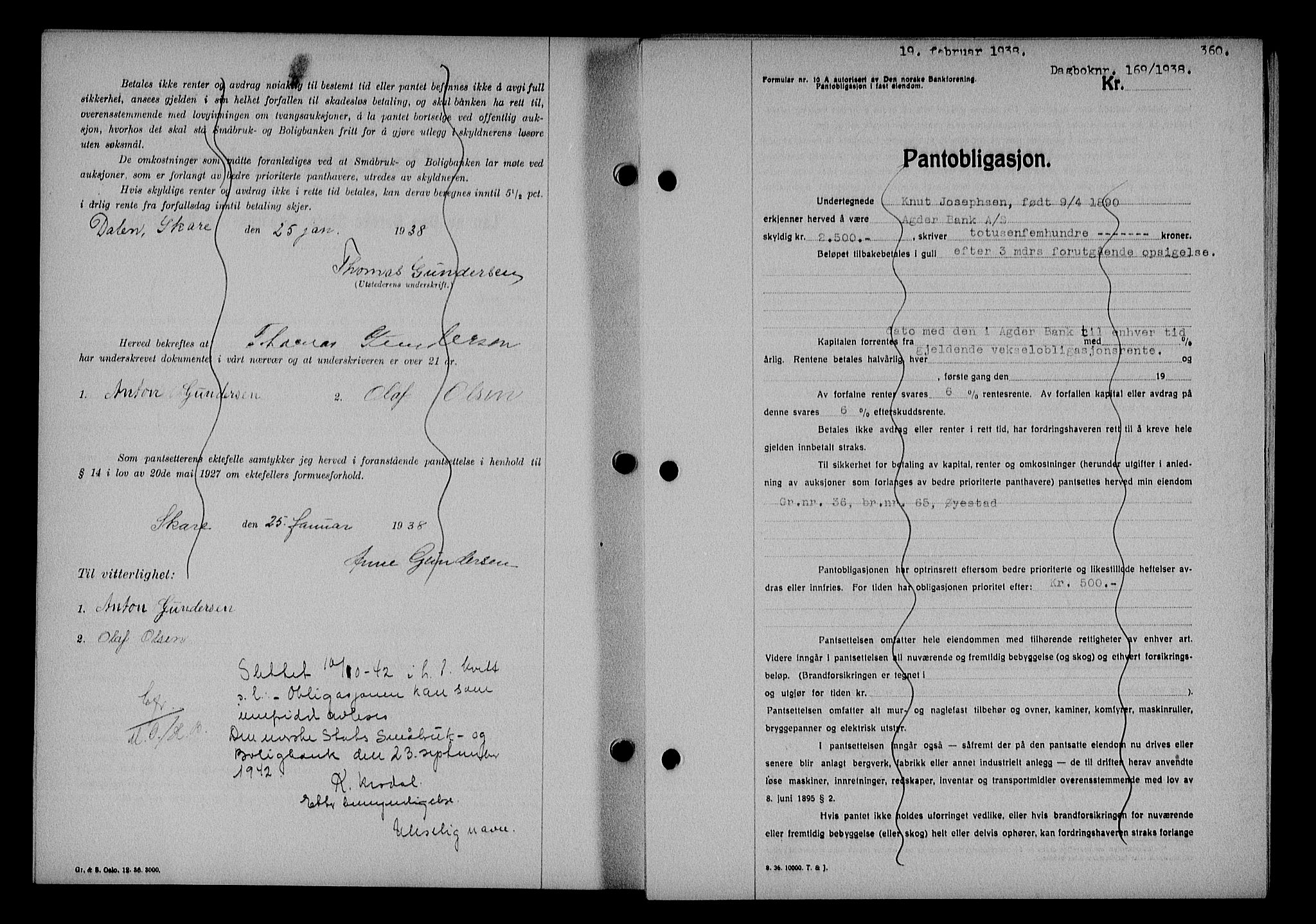 Nedenes sorenskriveri, AV/SAK-1221-0006/G/Gb/Gba/L0044: Mortgage book no. 40, 1937-1938, Diary no: : 169/1938